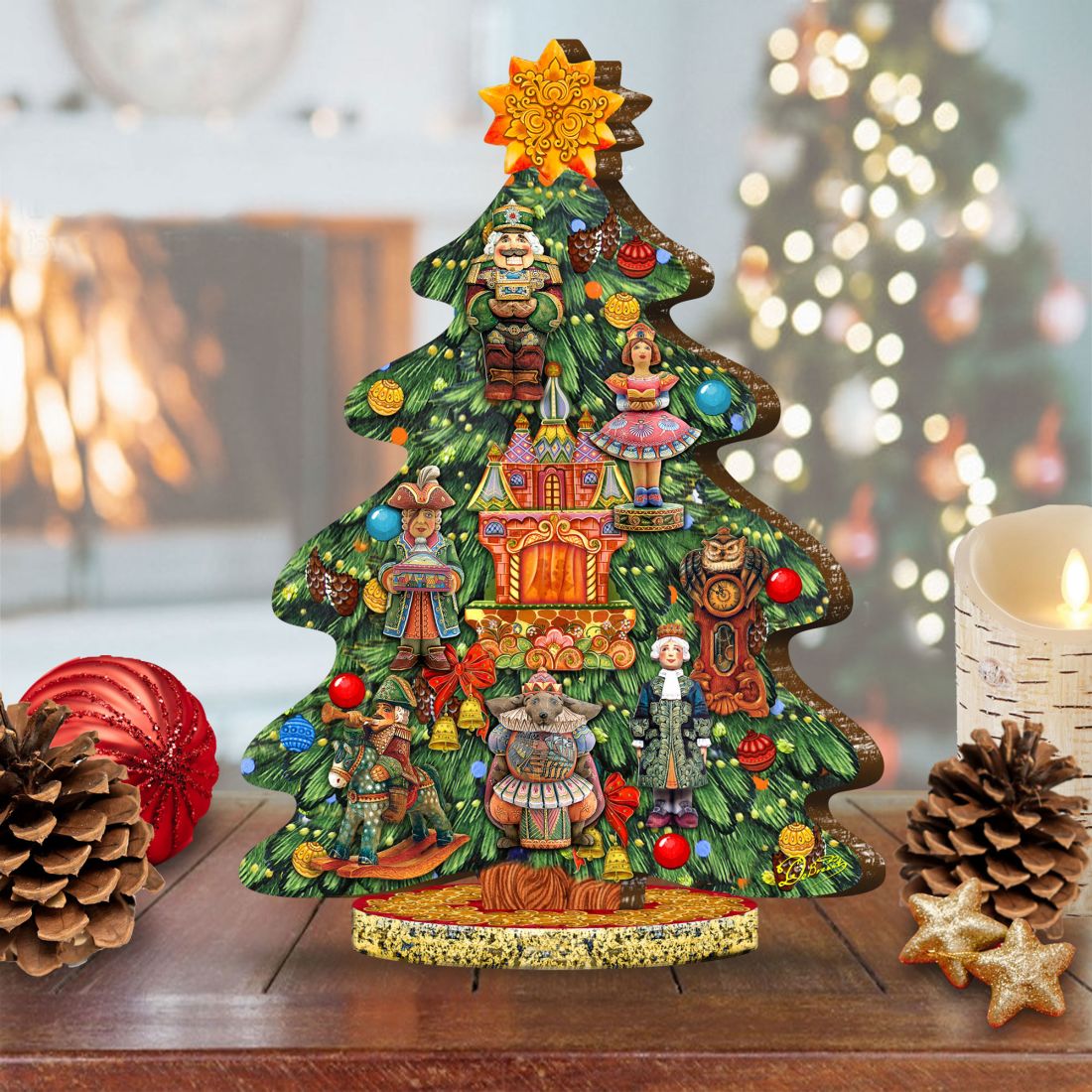 Nutcracker Decorated Centerpiece Wooden Tree Figurine by G. DeBrekht - Christmas Decor - 89302
