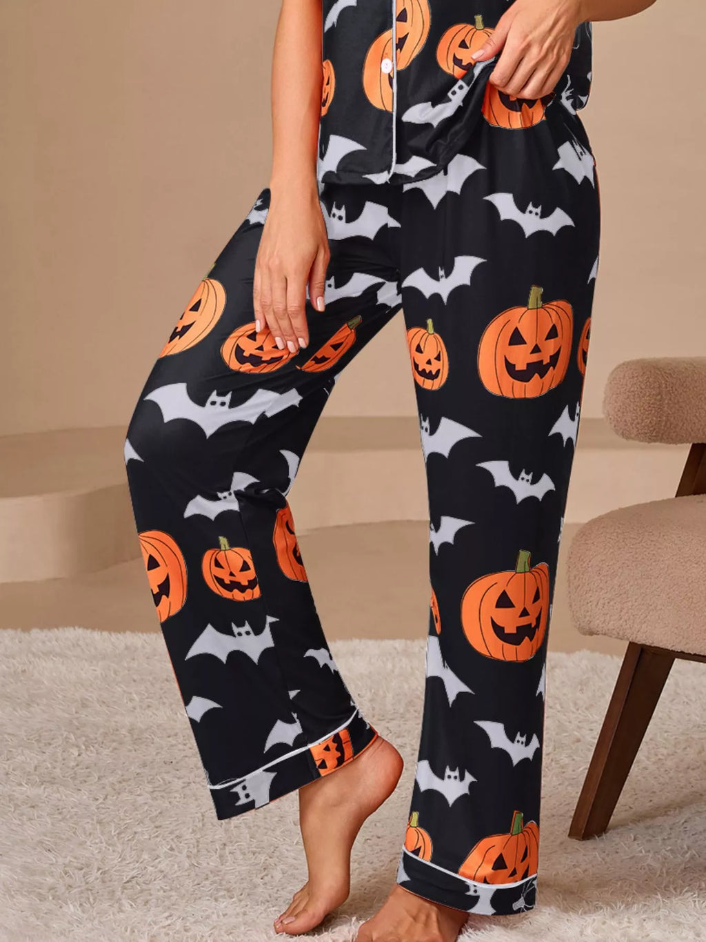 Halloween Pumpkin and Bat Print Button-Down Top and Pants Lounge Set