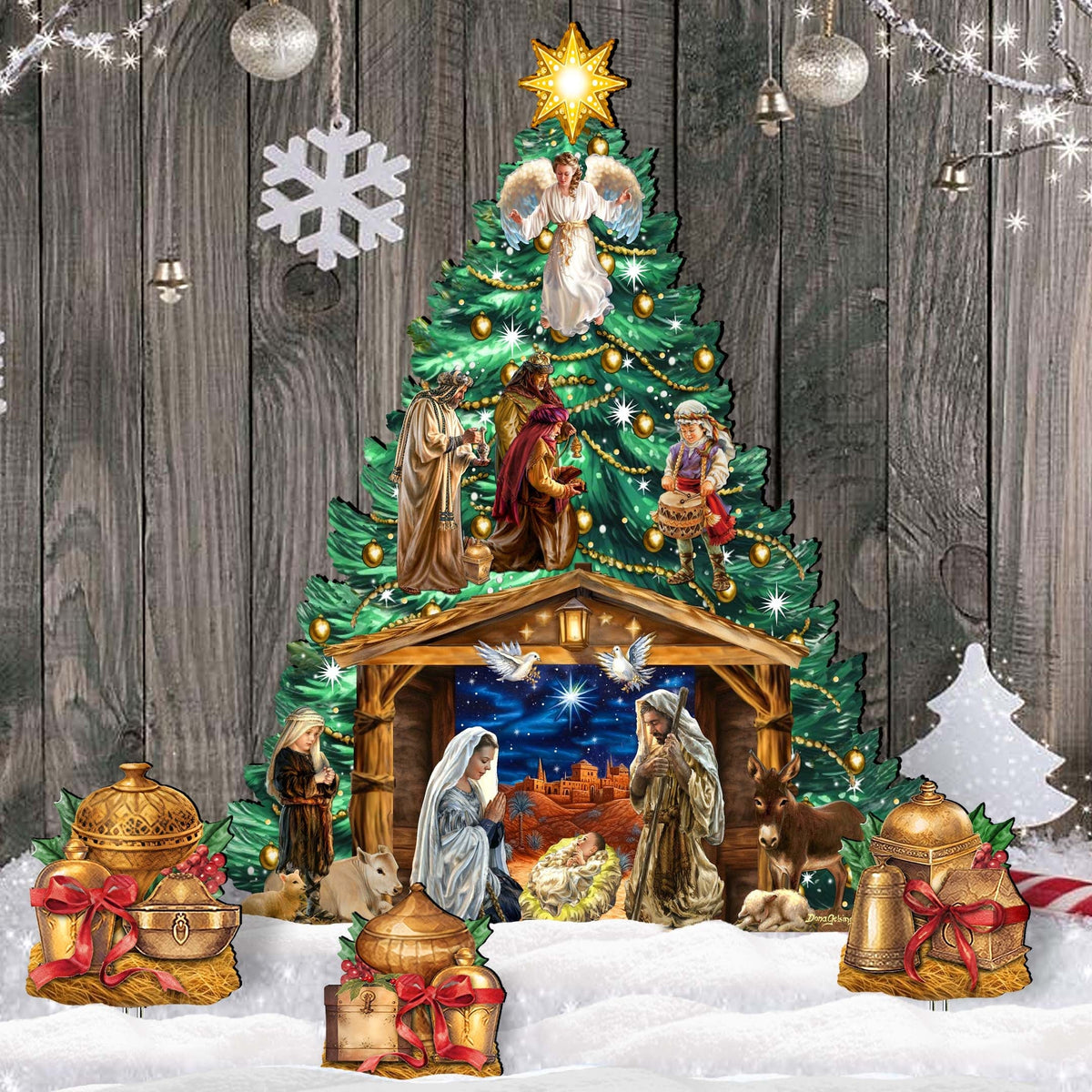 Nativity-Themed Christmas Tree Set Outdoor Indoor Decor Wooden Christmas Decoration by D. Gelsinger Christmas Decor - 8191503F-DG-G