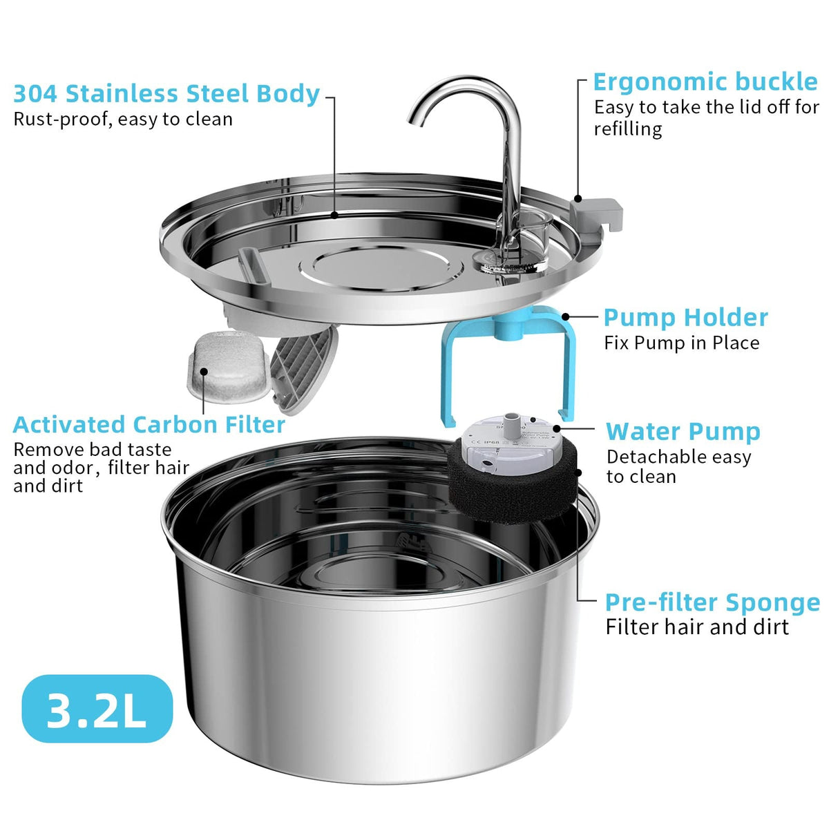 Pet Stainless Steel Automatic Water Fountain — 3.2L, Multiple Styles