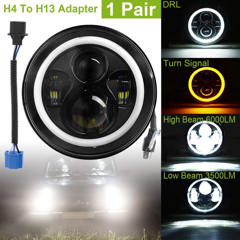 2 X 7" 6000LM Round LED Headlight Halo Angel Eyes for Jeep Wrangler TJ JK CJ w/H4 to H13 Adapter Plug and Play