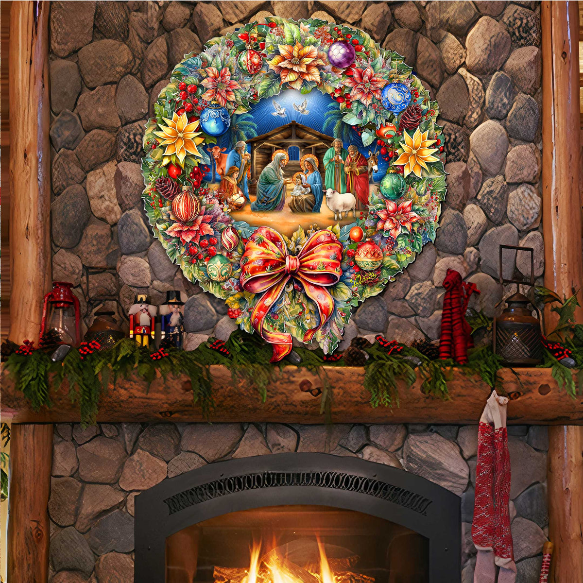 Nativity Wreath Outdoor Indoor Decor Wooden Christmas Decoration by G. Debrekht - Christmas Decor - 8652805F