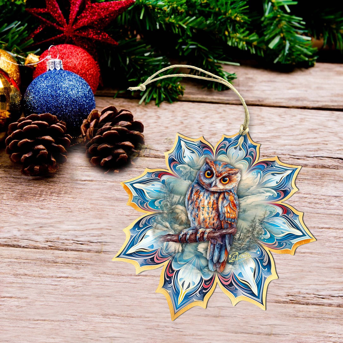 Great Horned Owl Snowflake Large Wooden Ornament by G. Debrekht - Nature Wildlife Decor - 8688436M