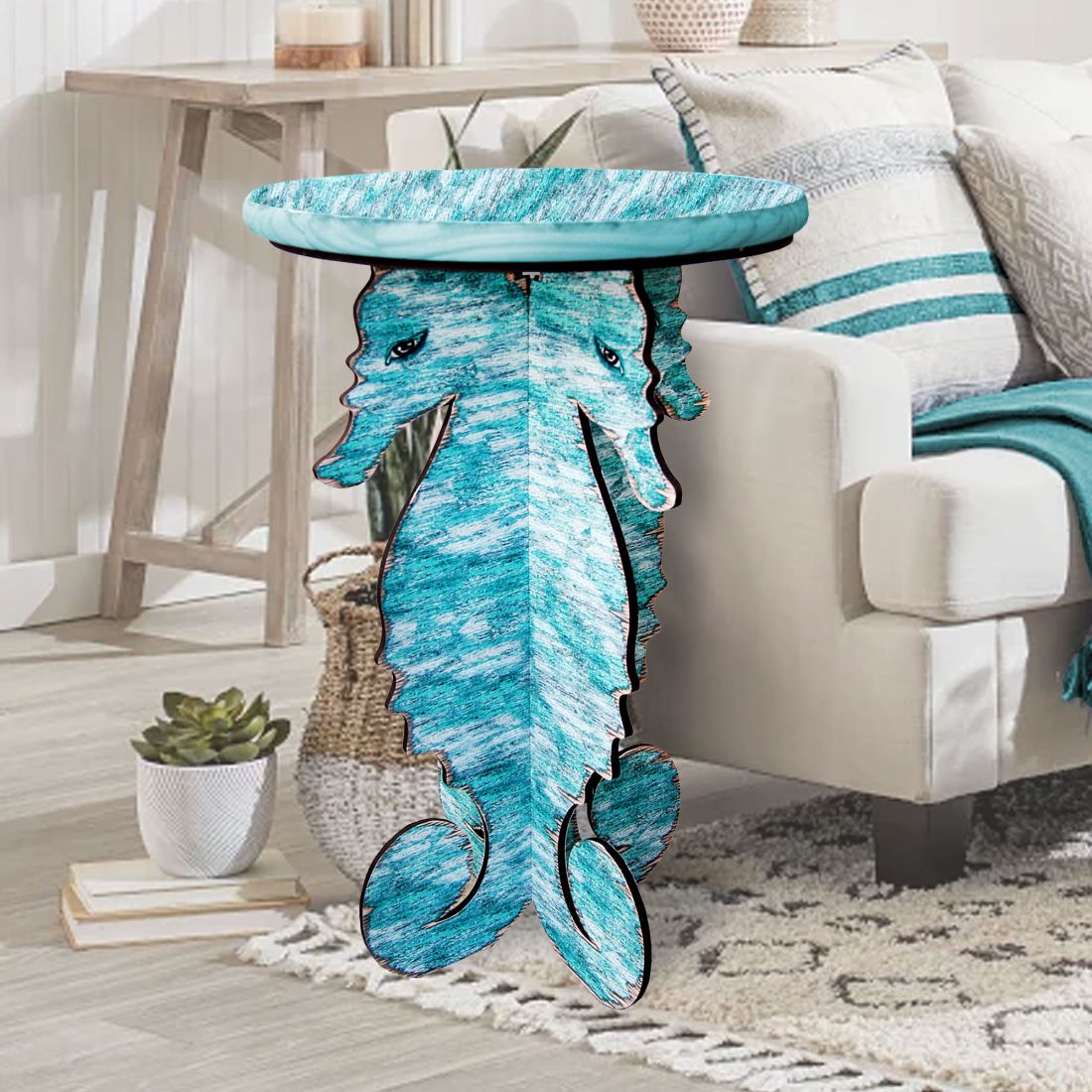 Seahorses Coastal Wooden Side Table Folded by G. DeBrekht - Coastal Sea-Life Decor - G99991