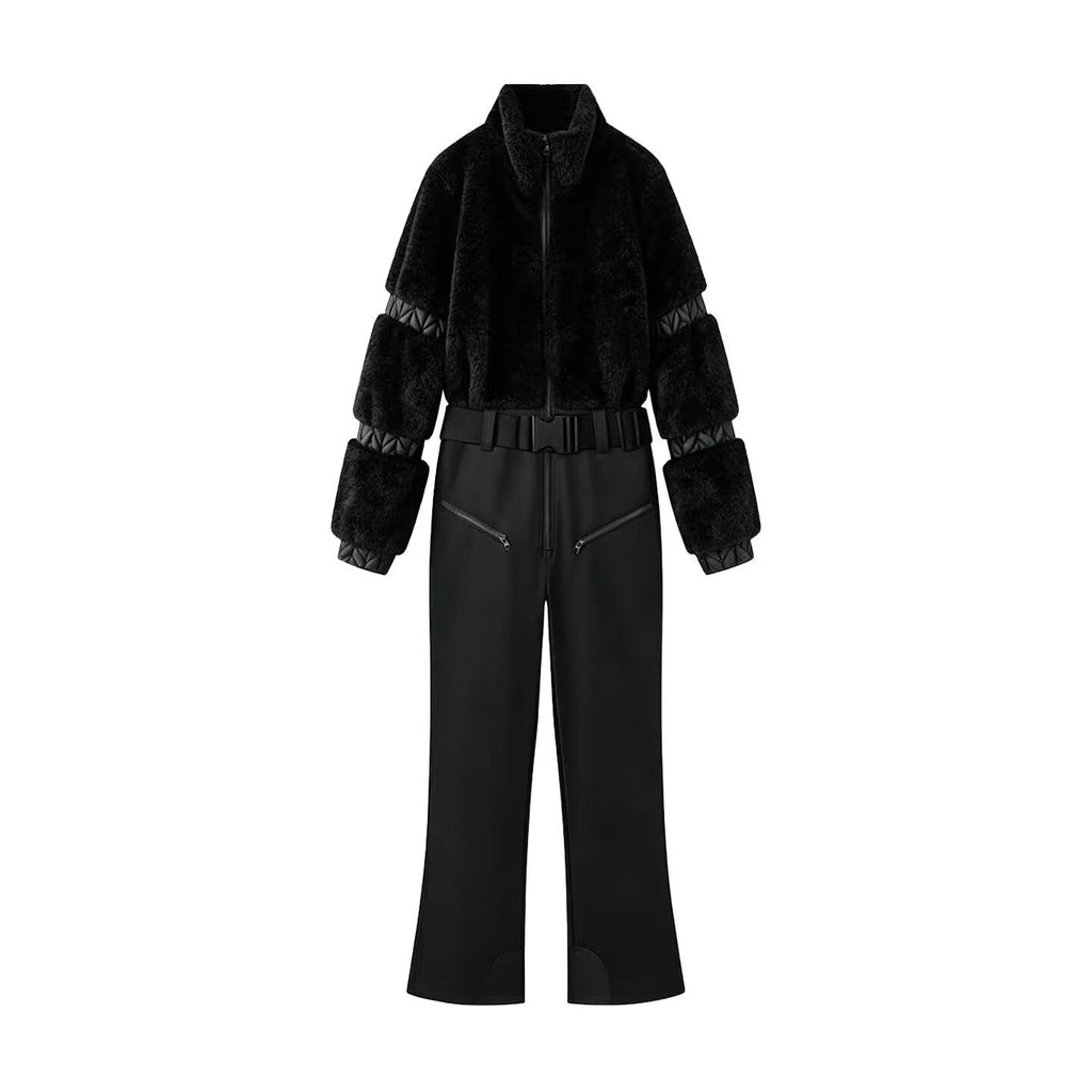 Down-filled Fur Patchwork Zip-up Thickened Fluffy Ski Jumpsuit