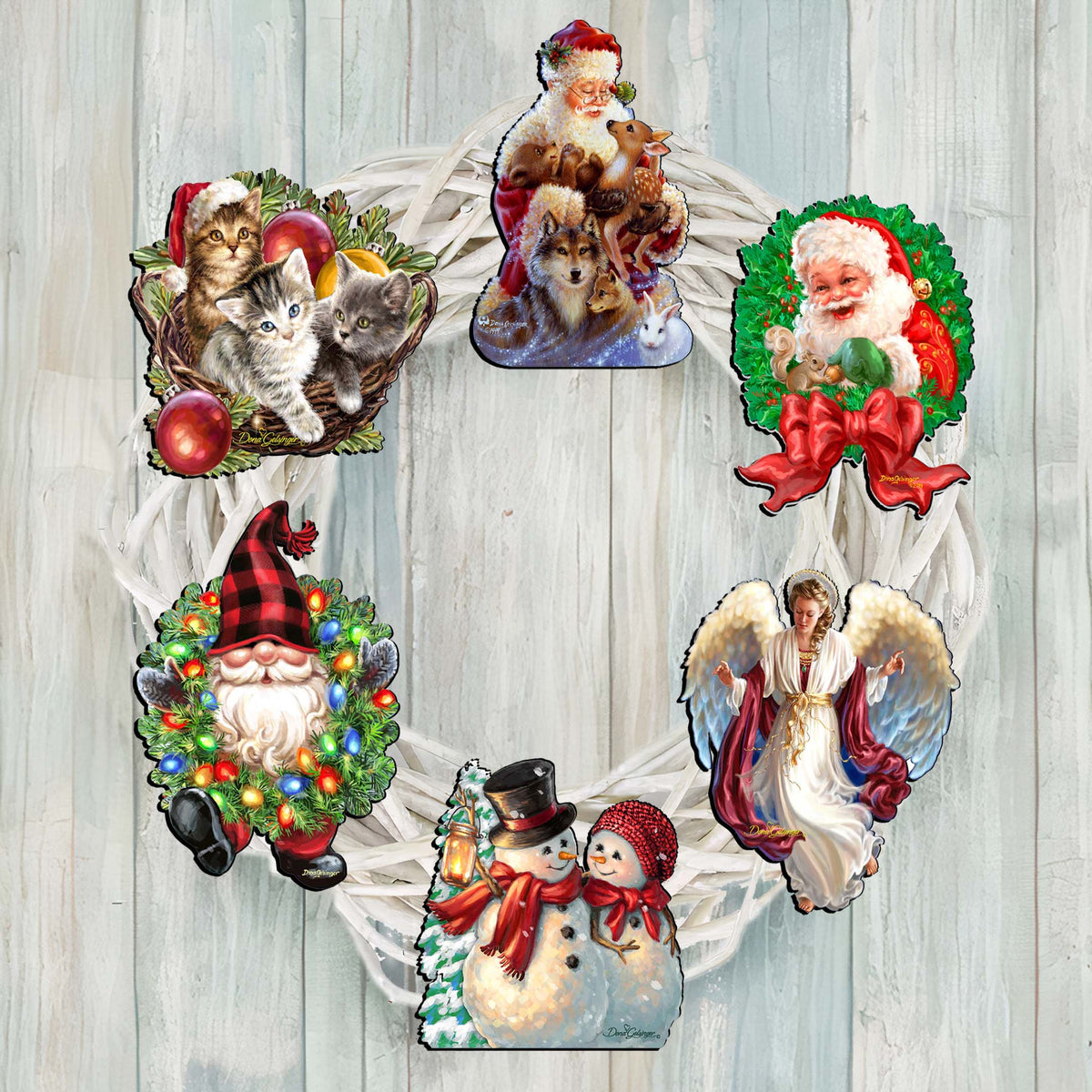 Santa and Friends Clip-On Eco Wood Decorative Ornaments Set of 6 by D. Gelsinger - Christmas Decor - 8090134C-S6