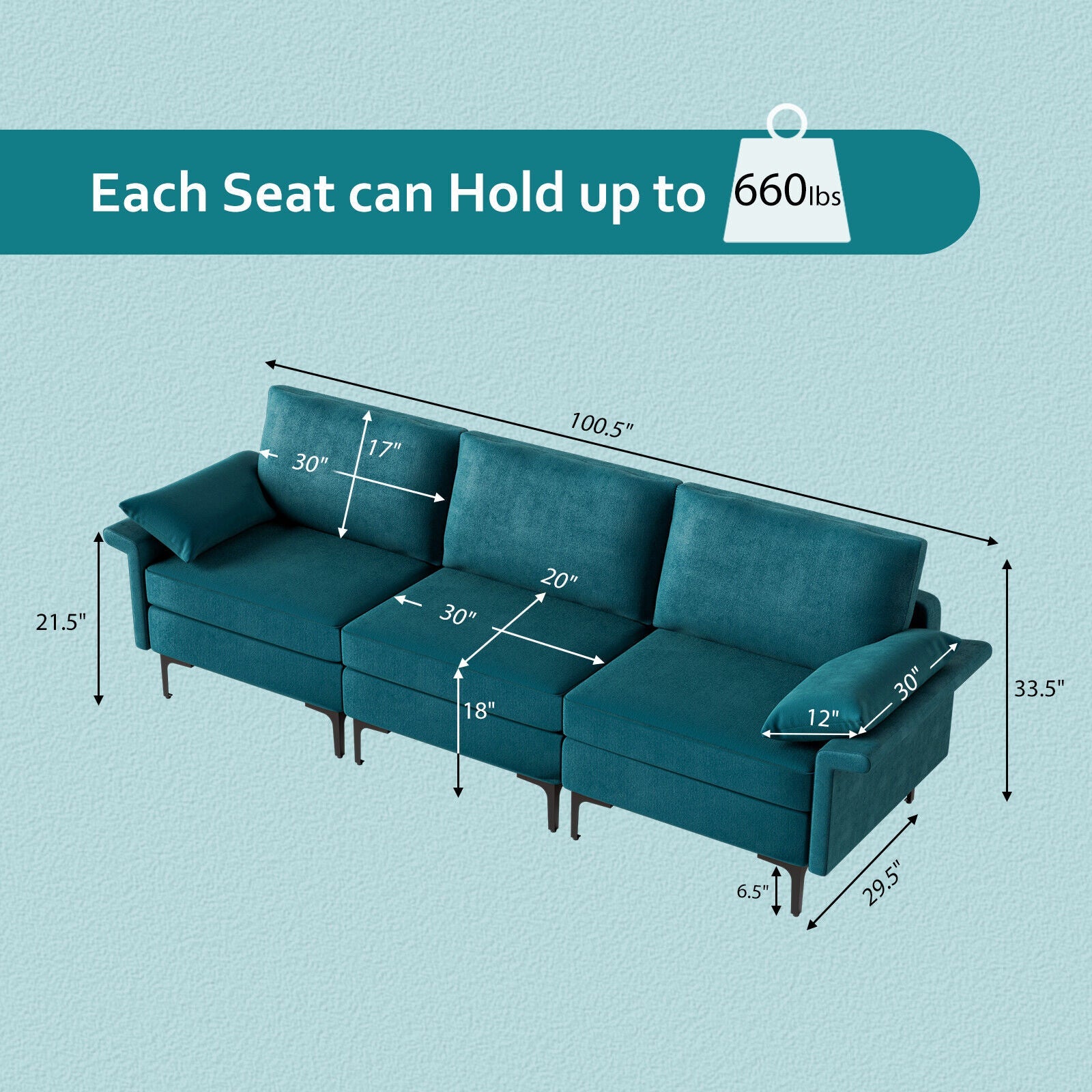 Large 3-Seat Sofa Sectional with Metal Legs for 3-4 people