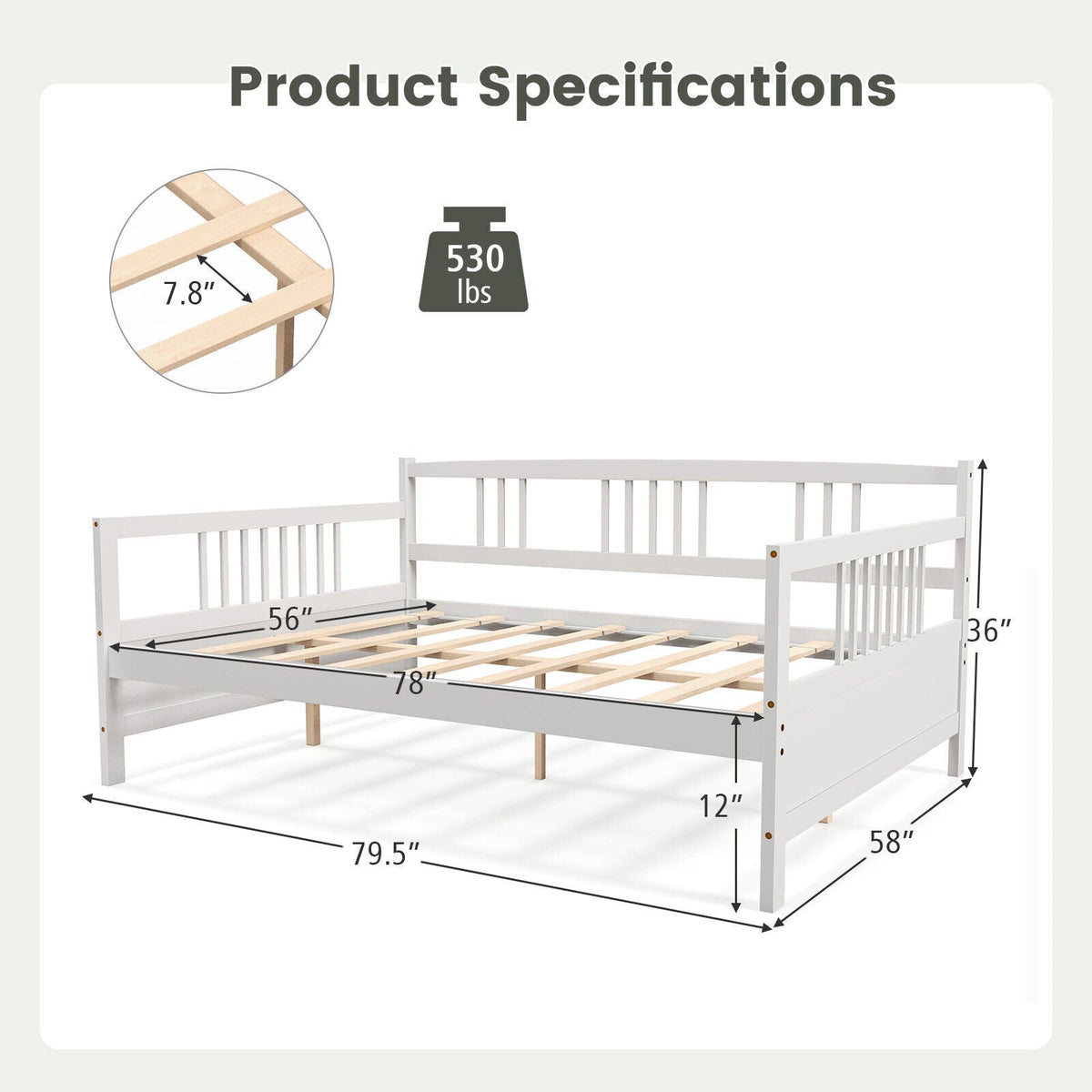 Classic Wooden Full Size Daybed Frame with Guardrails