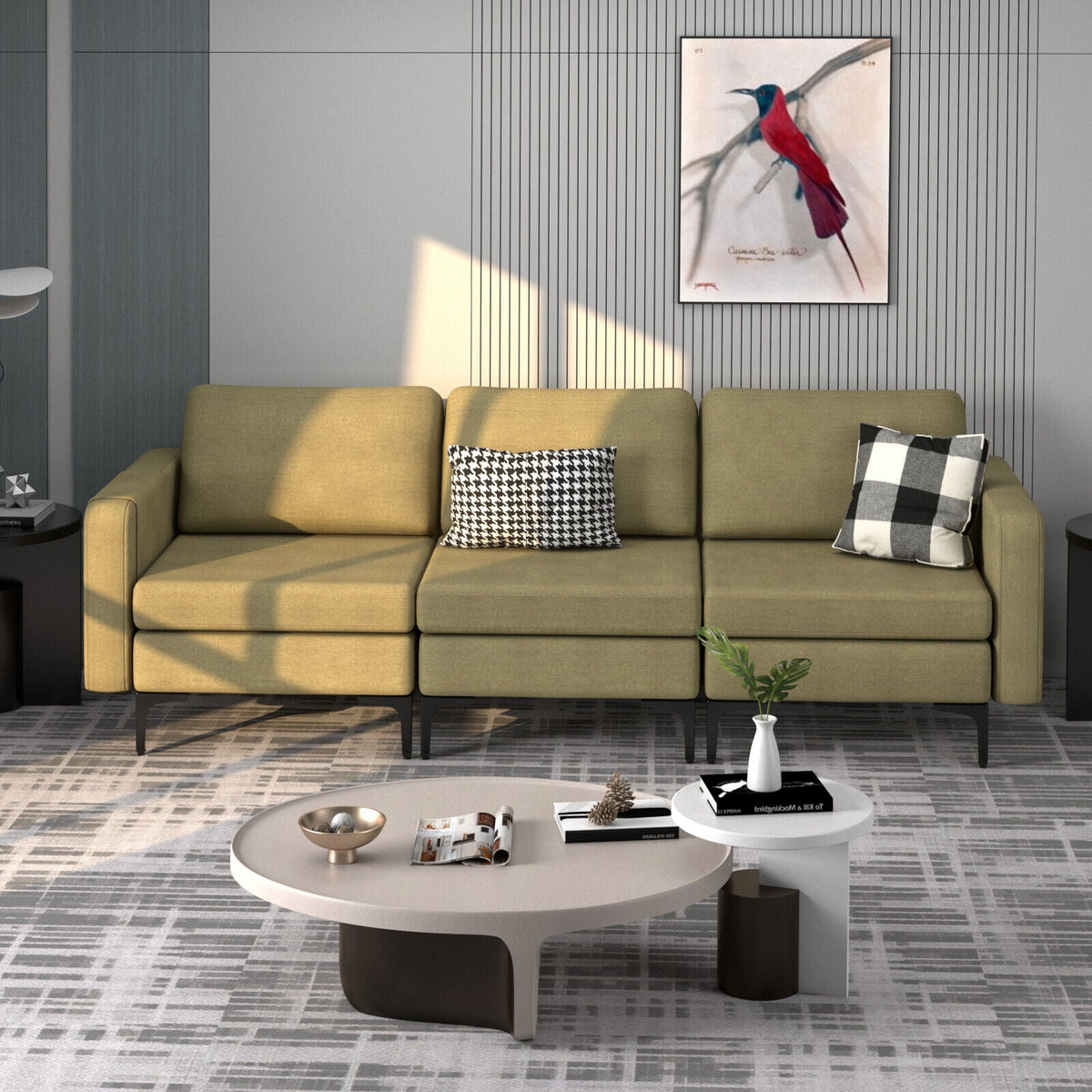 3-Seat Sectional Sofa Couch with Armrest Magazine Pocket and Metal Leg