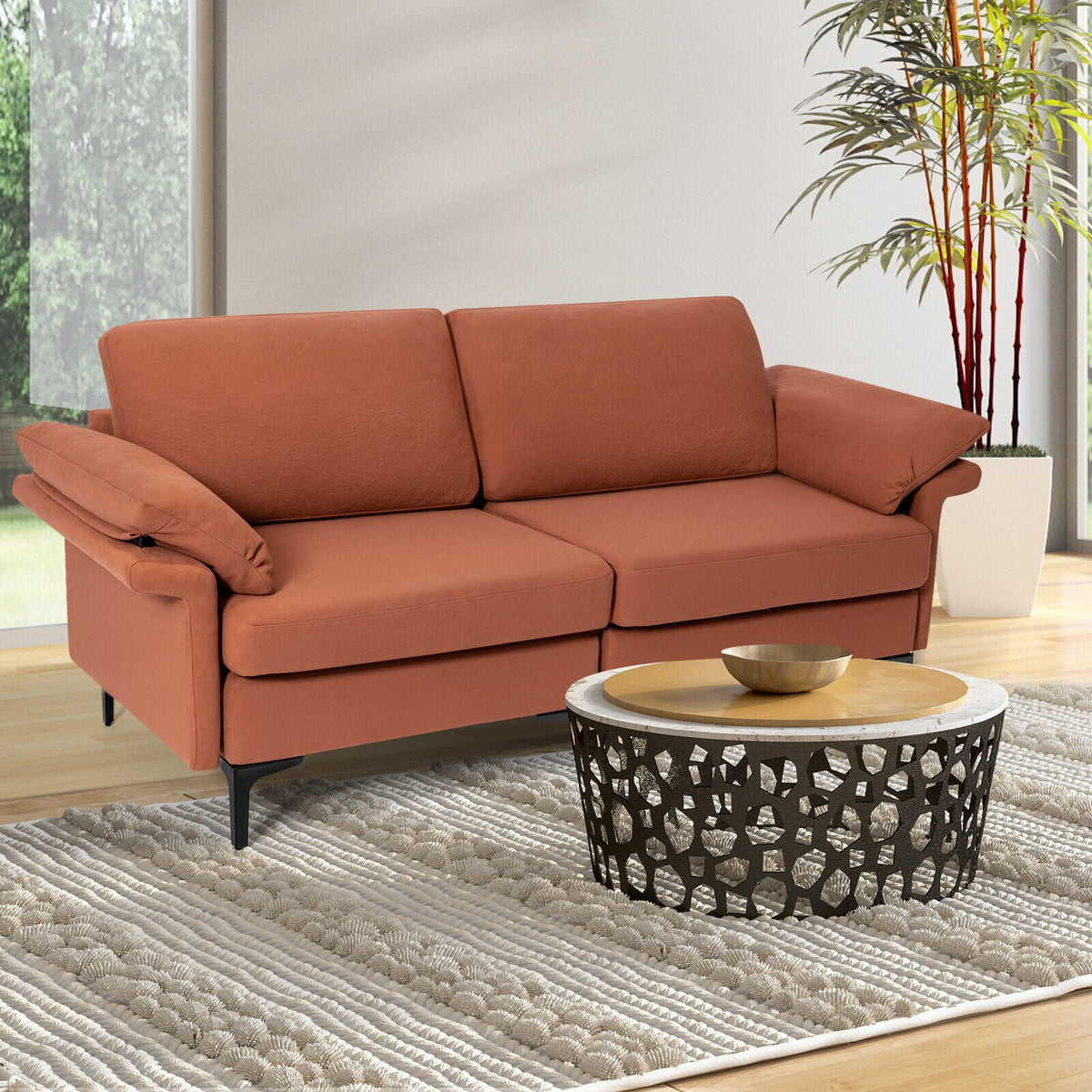 Modern Fabric Loveseat Sofa for with Metal Legs and Armrest Pillows