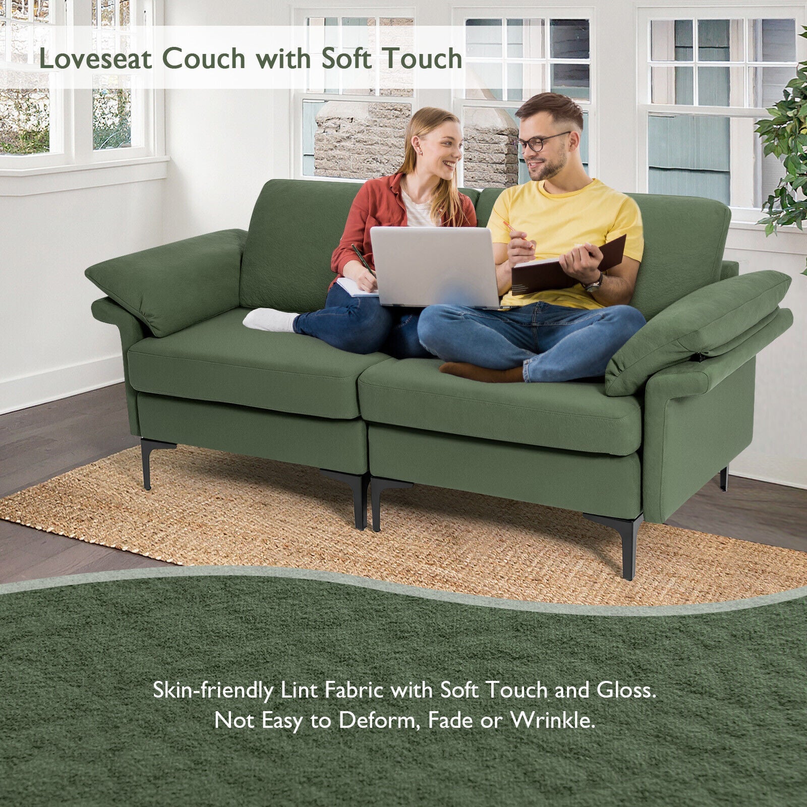 Modern Fabric Loveseat Sofa for with Metal Legs and Armrest Pillows