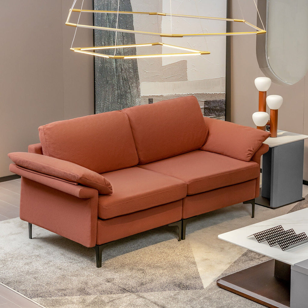 Modern Fabric Loveseat Sofa for with Metal Legs and Armrest Pillows