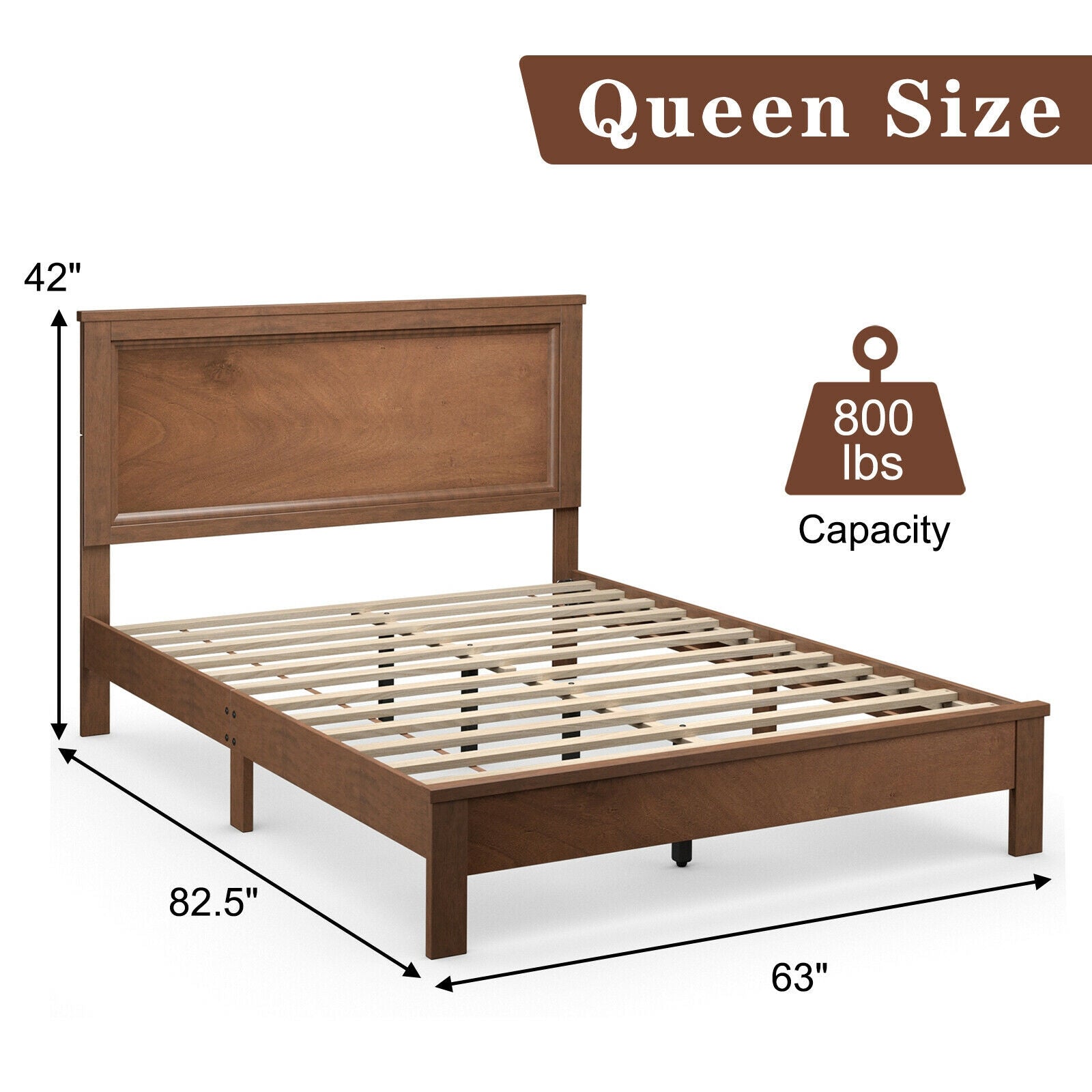 Queen Size Bed Frame Platform Slat High Headboard Bedroom with Rubber Wood Leg
