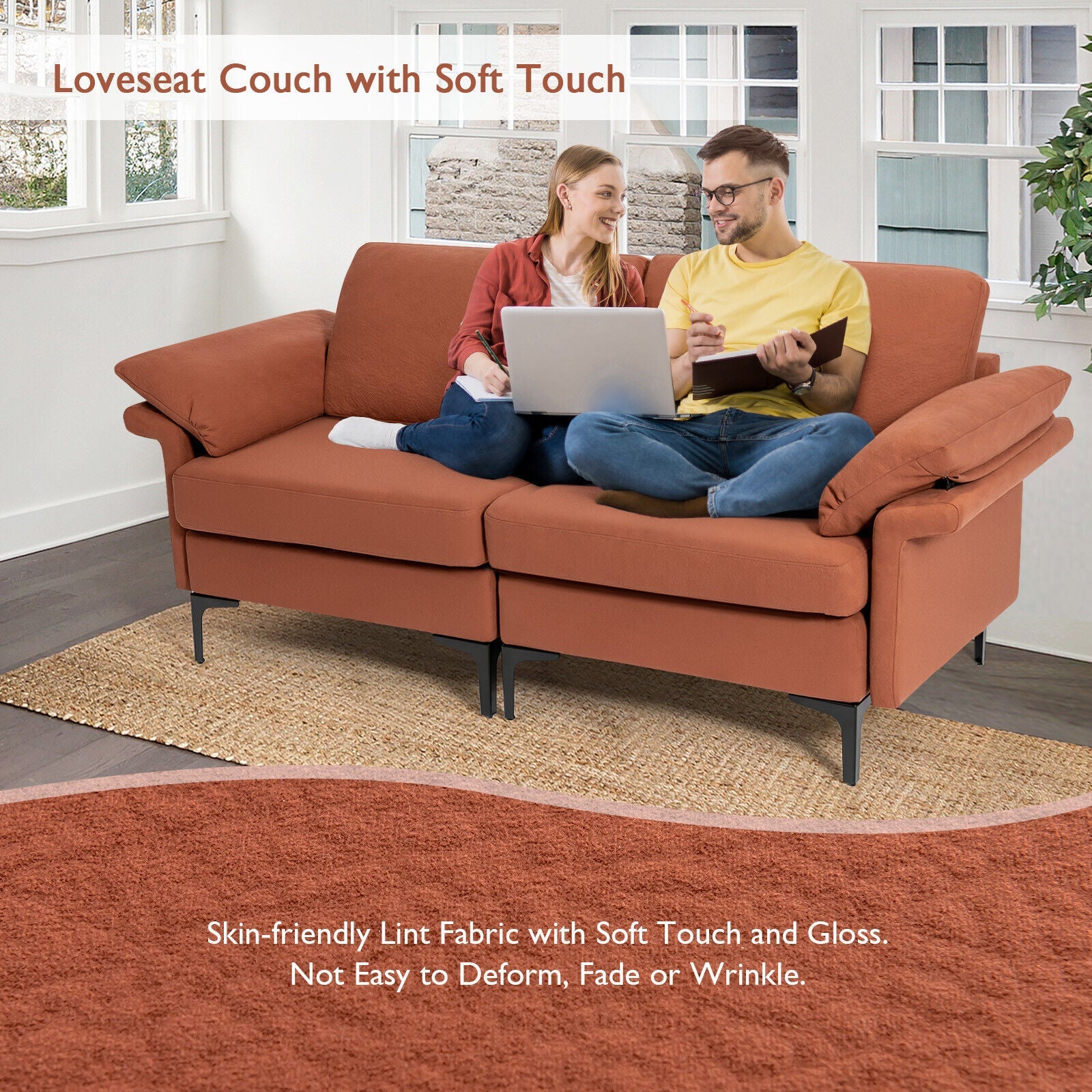 Modern Fabric Loveseat Sofa for with Metal Legs and Armrest Pillows