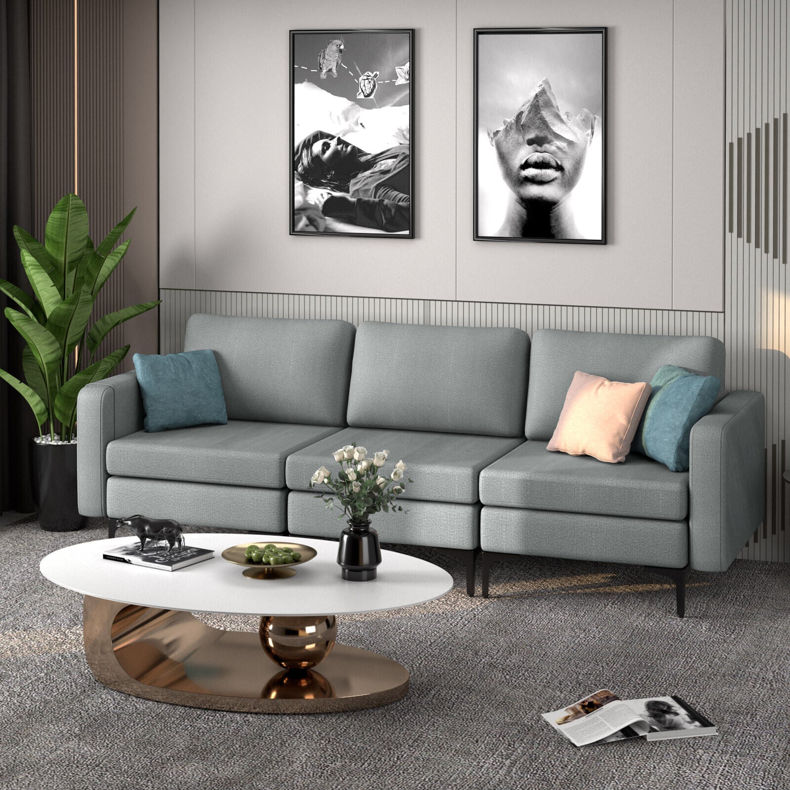 3-Seat Sectional Sofa Couch with Armrest Magazine Pocket and Metal Leg
