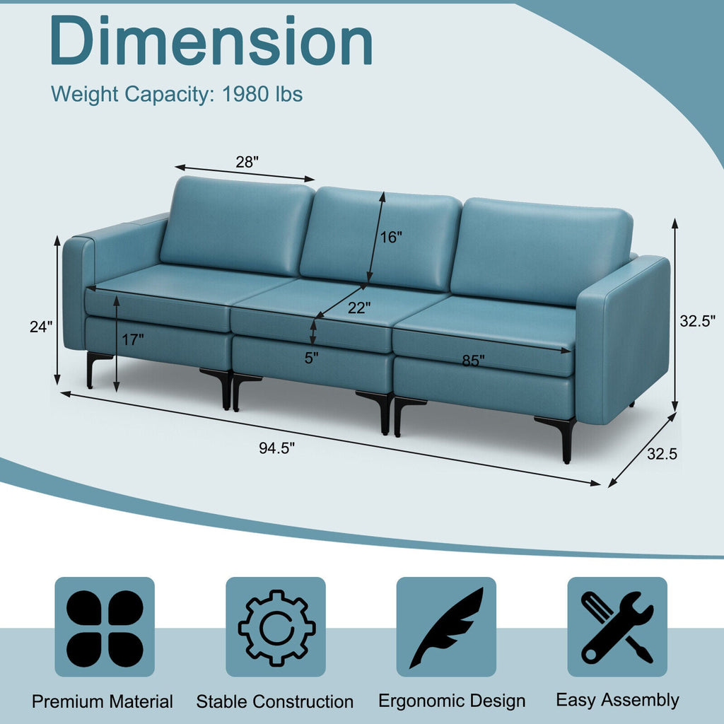 3-Seat Sectional Sofa Couch with Armrest Magazine Pocket and Metal Leg