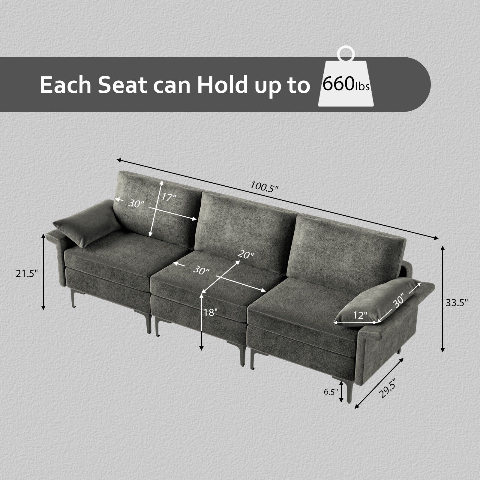 Large 3-Seat Sofa Sectional with Metal Legs for 3-4 people