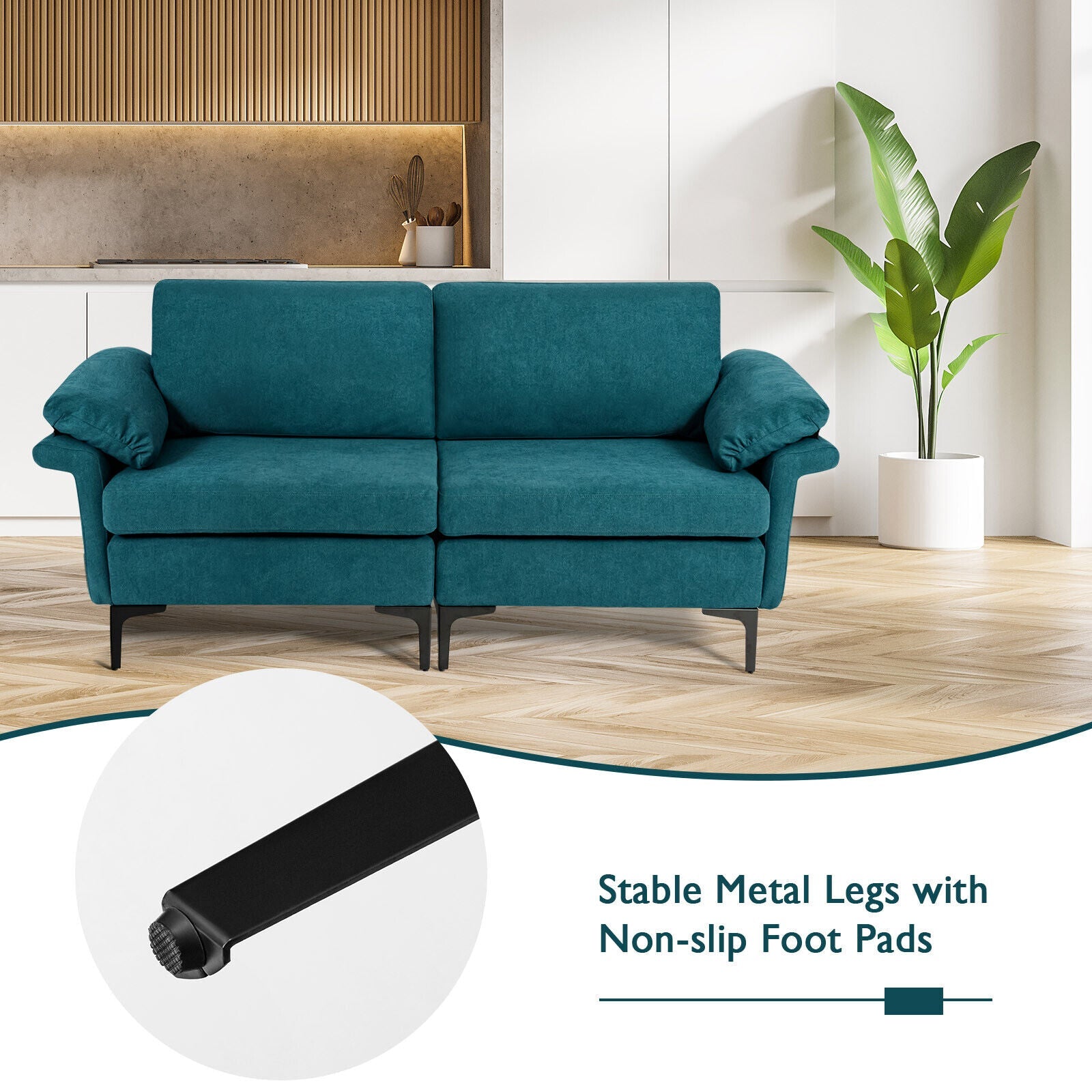 Modern Fabric Loveseat Sofa for with Metal Legs and Armrest Pillows