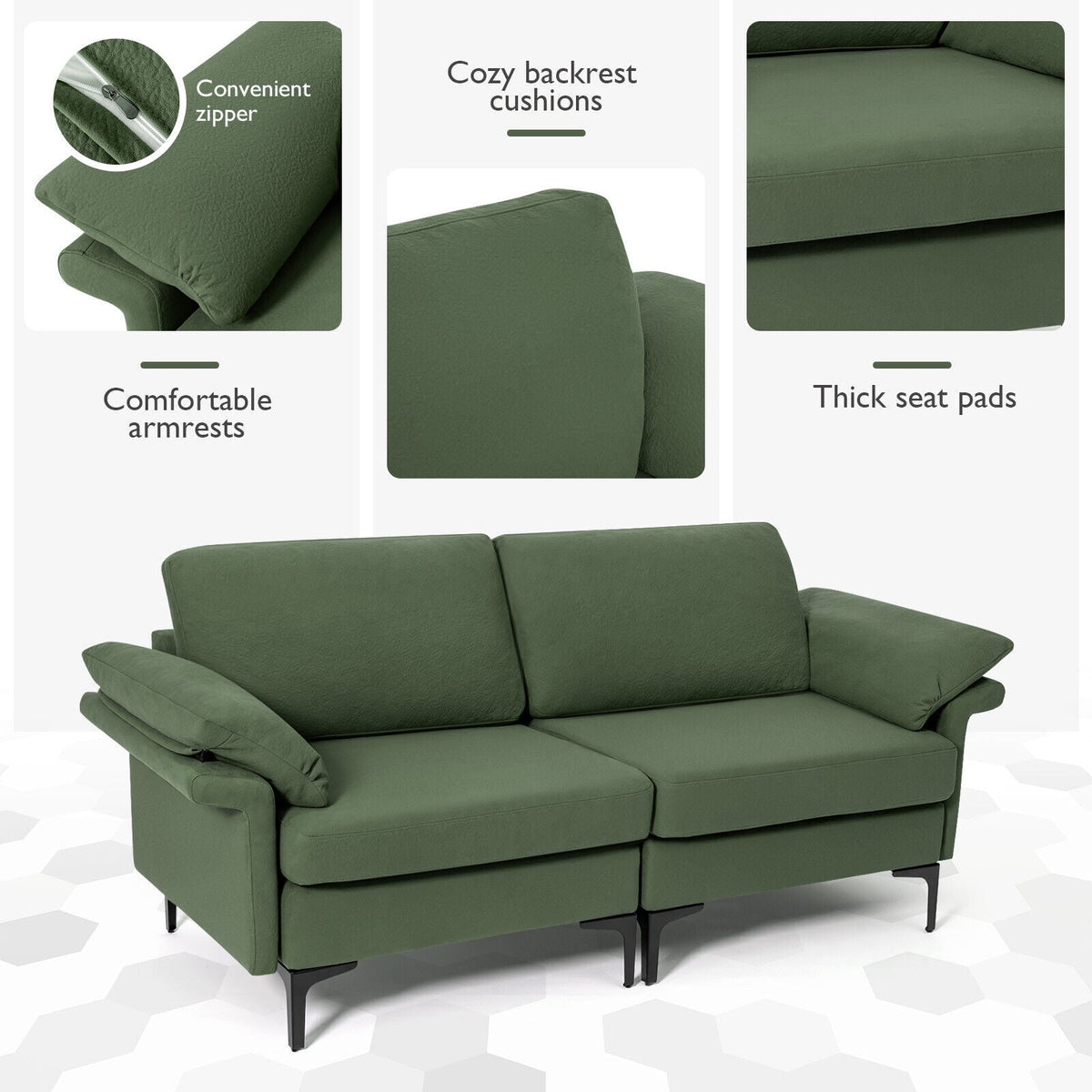 Modern Fabric Loveseat Sofa for with Metal Legs and Armrest Pillows
