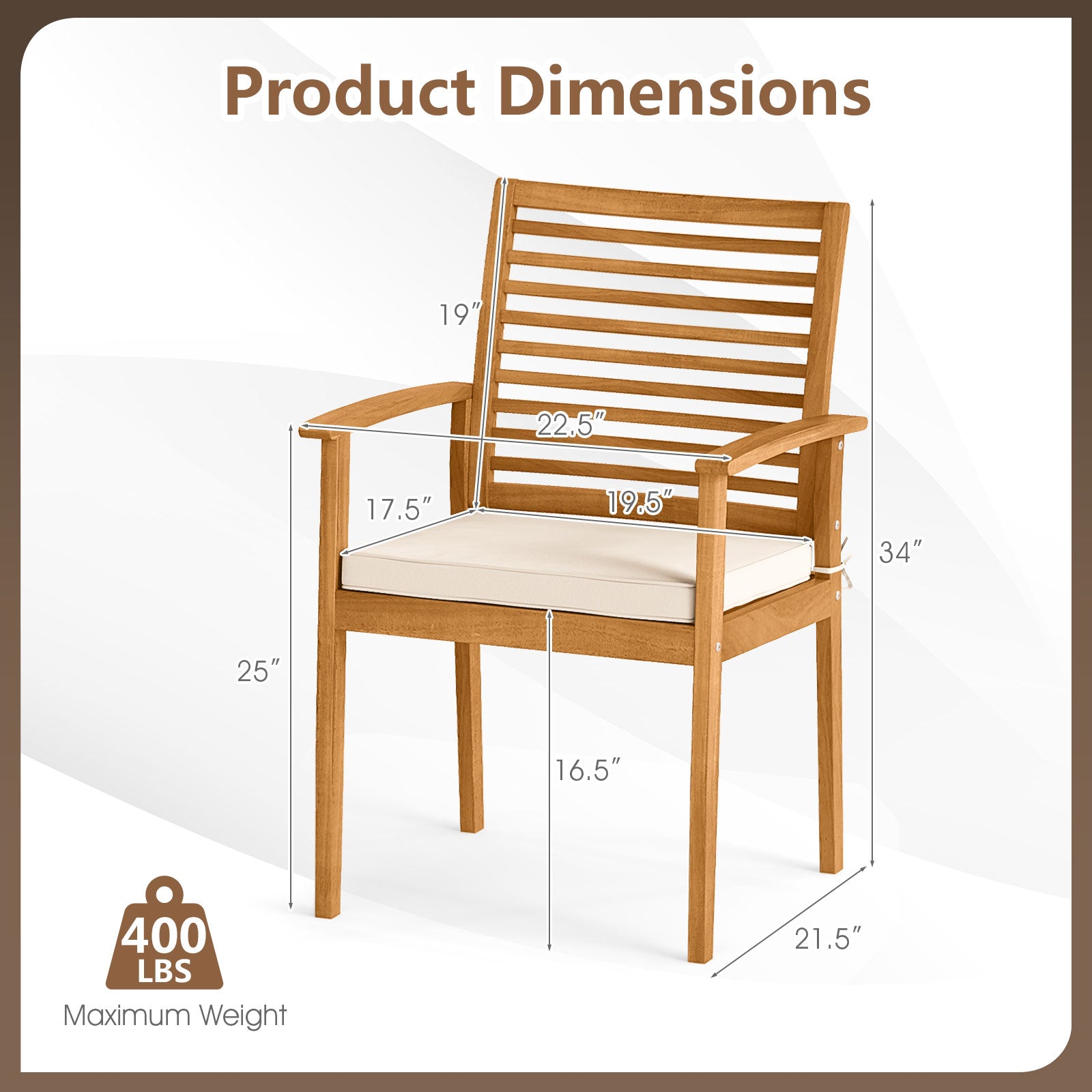 Outdoor Patio Dining Chairs Set of 2 with Removable Padded Cushion and Slatted Backrest-Beige