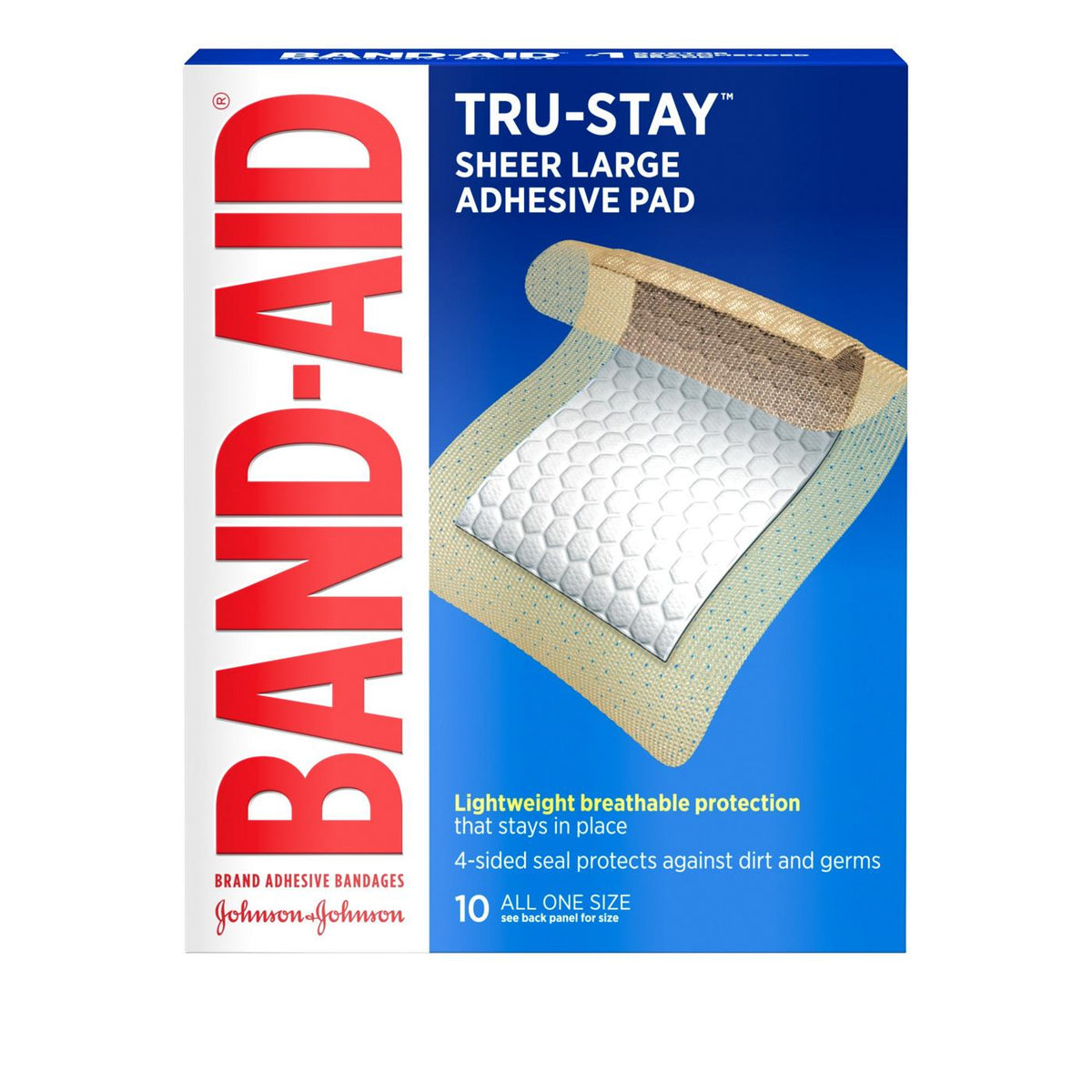 BAND-AID® Tru-Stay™ Sheer Large Adhesive Pad, 10-Pack