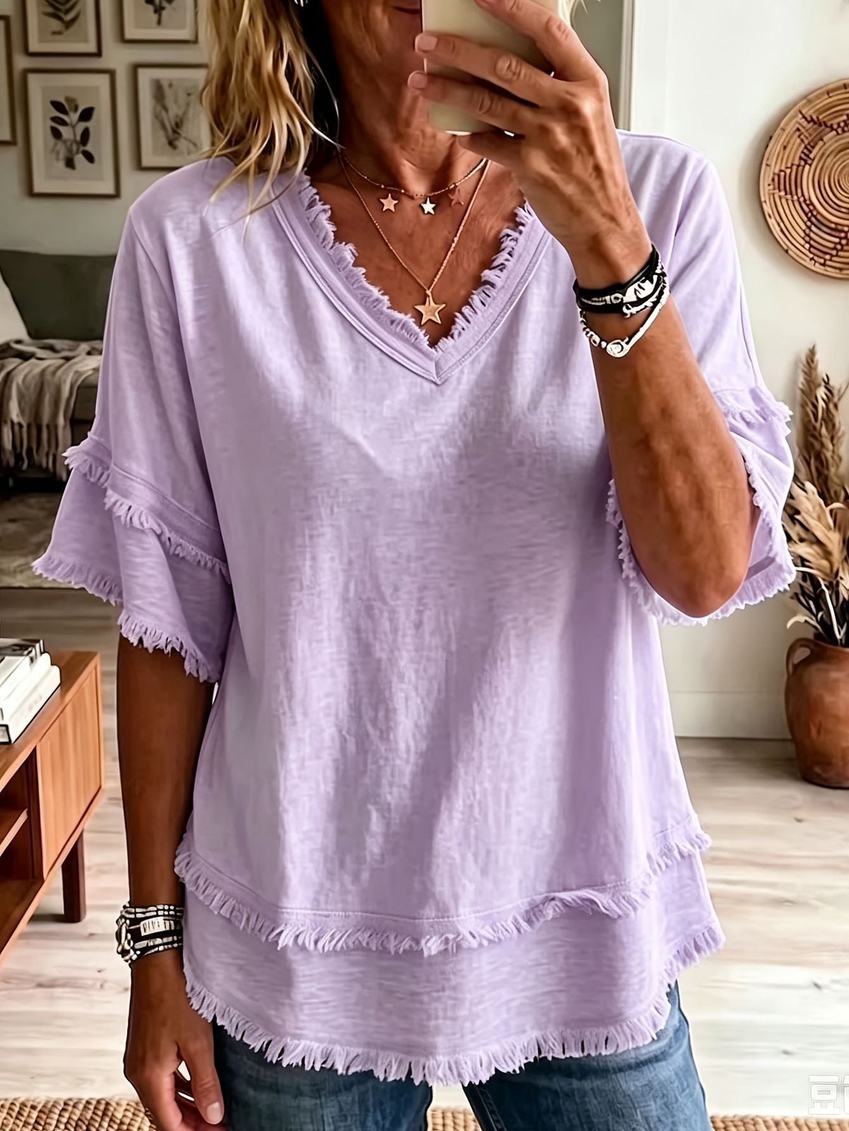 Casual Women's Shirt V-Neck Short Sleeve Loose Fit Pure Color Summer Fashion Trend Pullover Tops For Daily Wear
