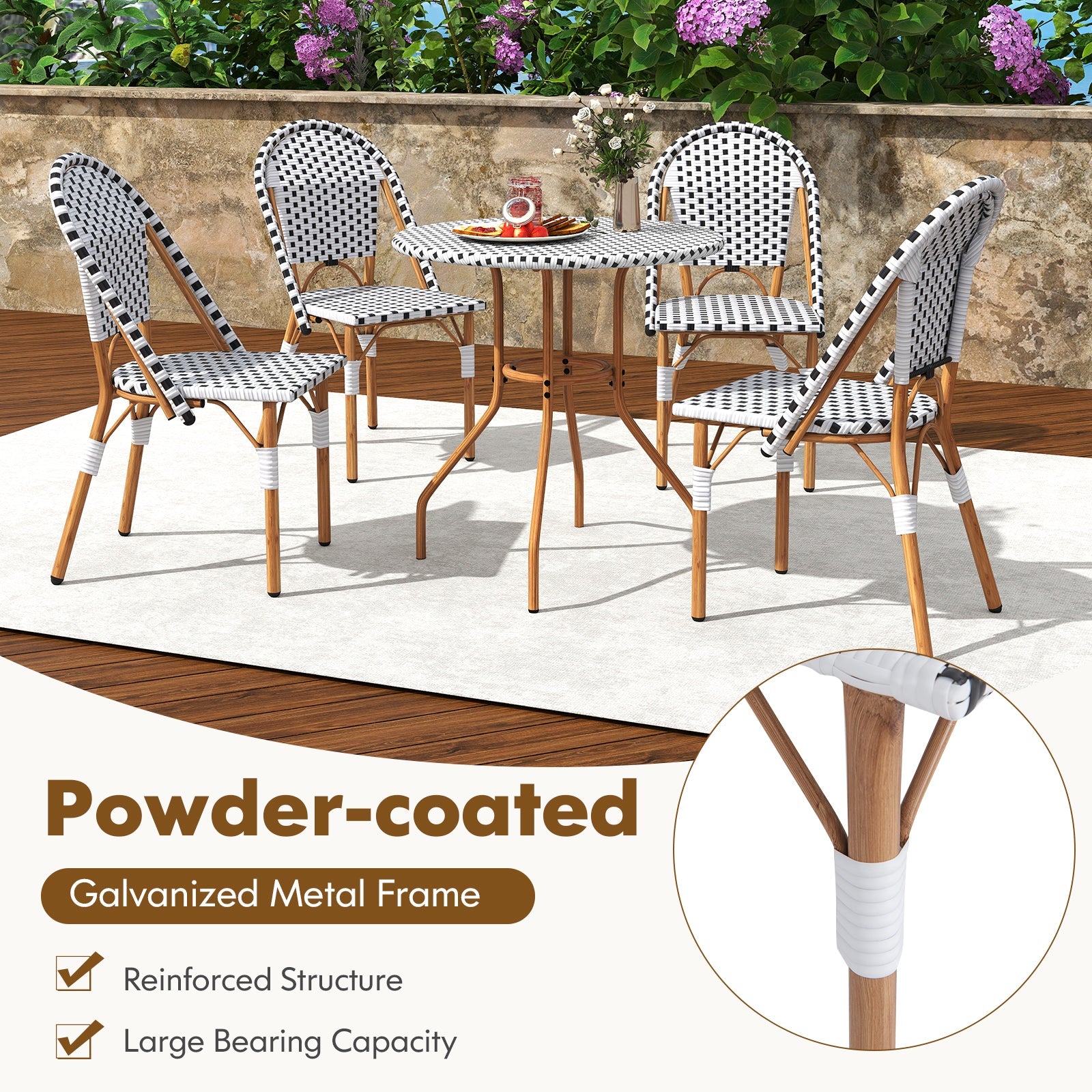 3 Piece French Bistro Table Chair Set with Outdoor Wicker Round Table and 2 Dining Chairs
