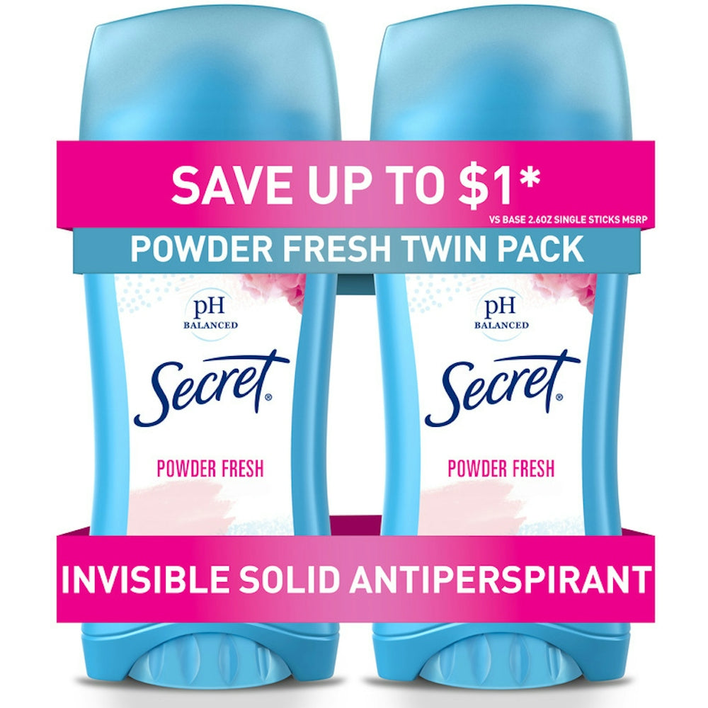 Secret Invisible Solid Antiperspirant And Deodorant, Powder Fresh, Twin Pack, 2.6 Oz. Each