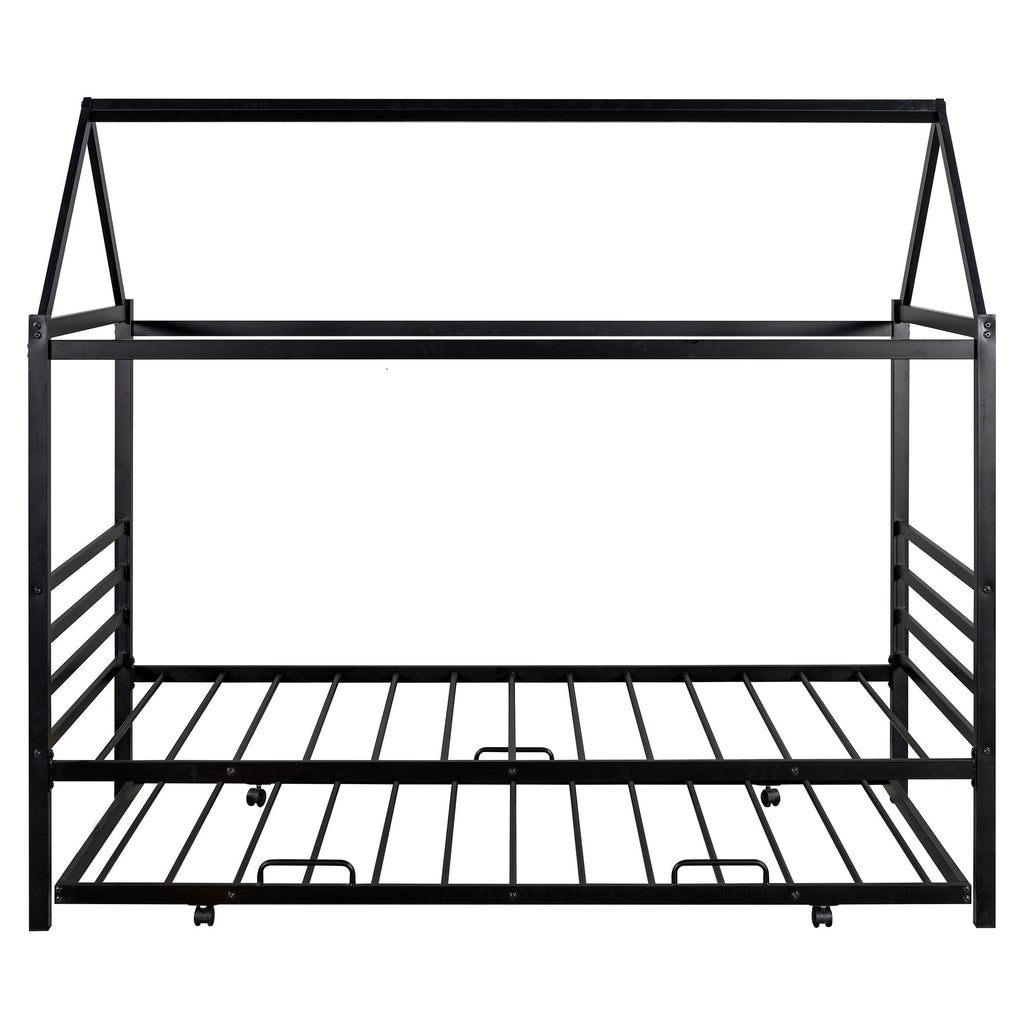 Twin Size Metal House Shape Platform Bed with Trundle Black