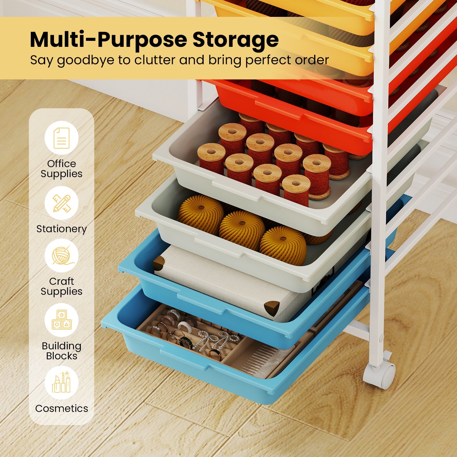 10-Drawer Rolling Storage Cart Mobile Utility Organizer with Wooden Tabletop and Lockable Wheels