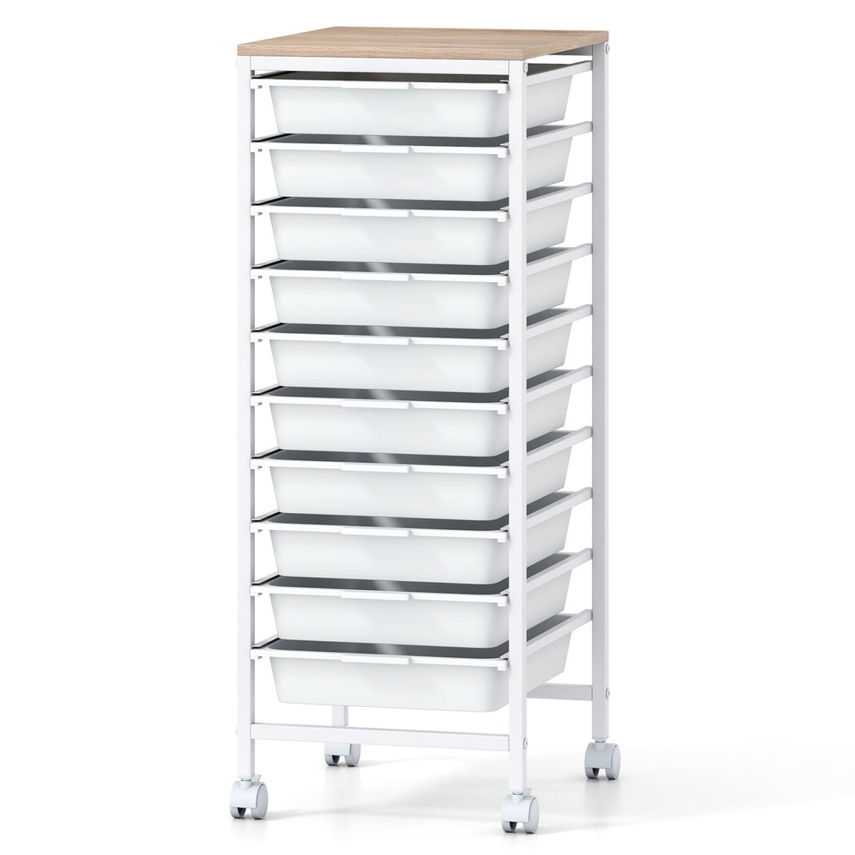 10-Drawer Rolling Storage Cart Mobile Utility Organizer with Wooden Tabletop and Lockable Wheels
