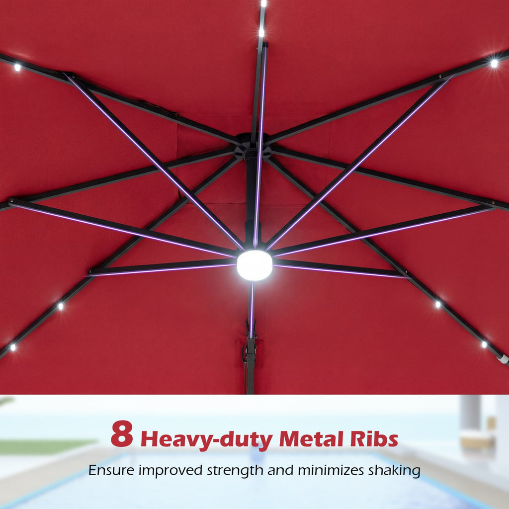 10 FT Cantilever Patio Umbrella with Solar LED Lights & Base