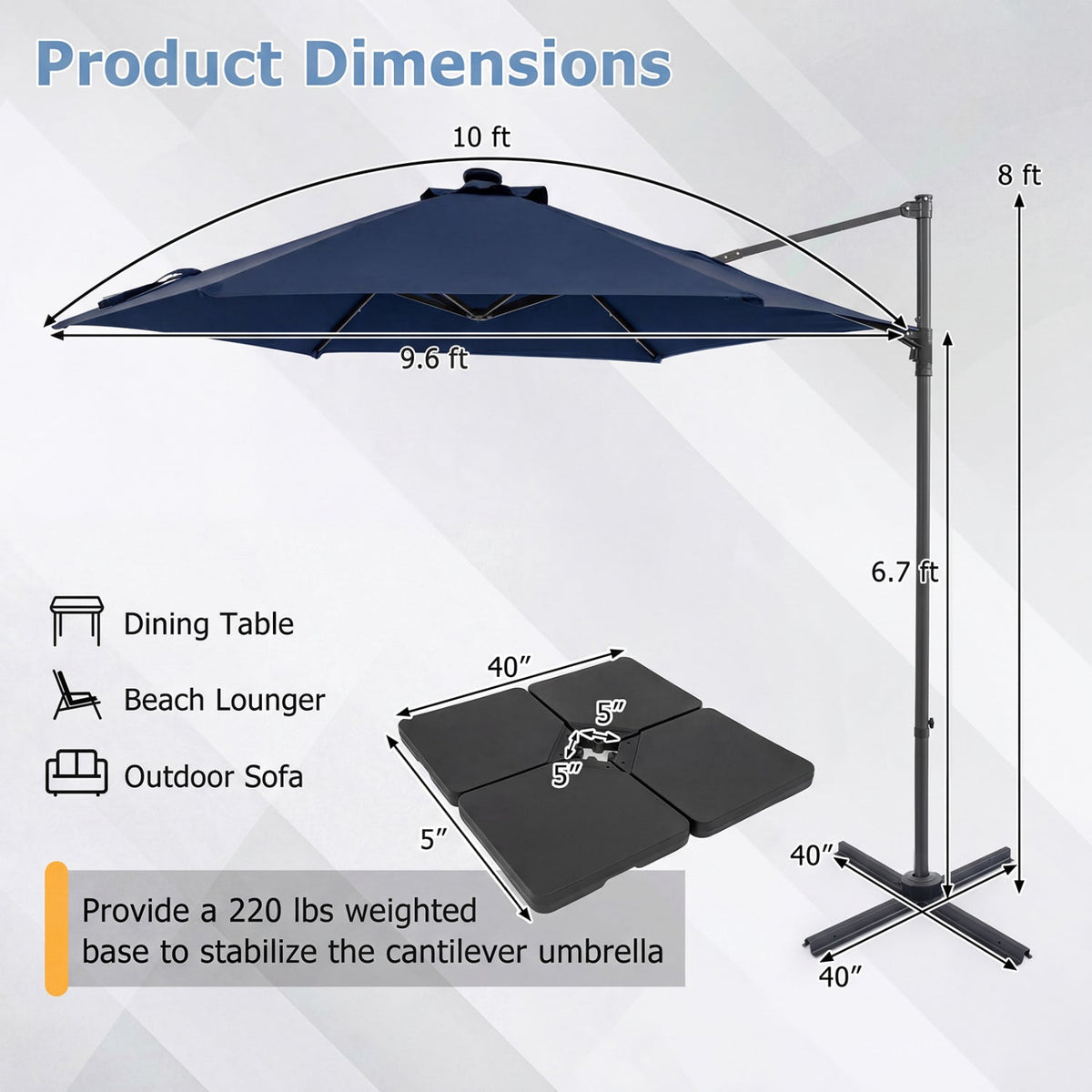 10 Feet Patio Cantilever Umbrella with Solar LED Lights