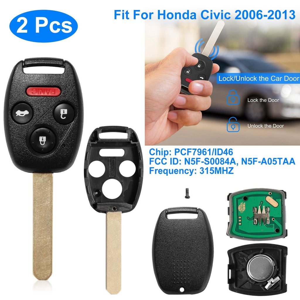 2Pcs Fit For Honda Civic 2006-2013 Remote Keyless Entry Shell Button Car Key _x000B__x000B_Fob Uncut Key Cover Case N5F-S0084A N5F-A05TAA
