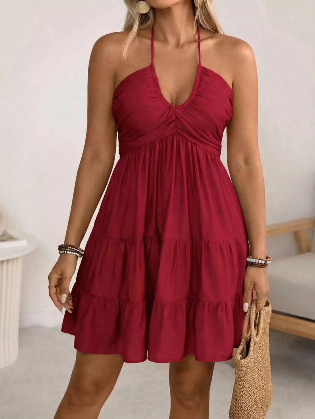 Halter Neck Tiered Ruffle Hem Mini Dress