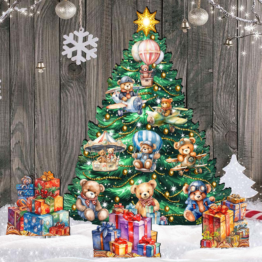 Teddy Bear-Themed Christmas Tree Set Outdoor Indoor Décor Wooden Christmas Decoration by G. Debrekht Christmas Décor - 8191508F-G