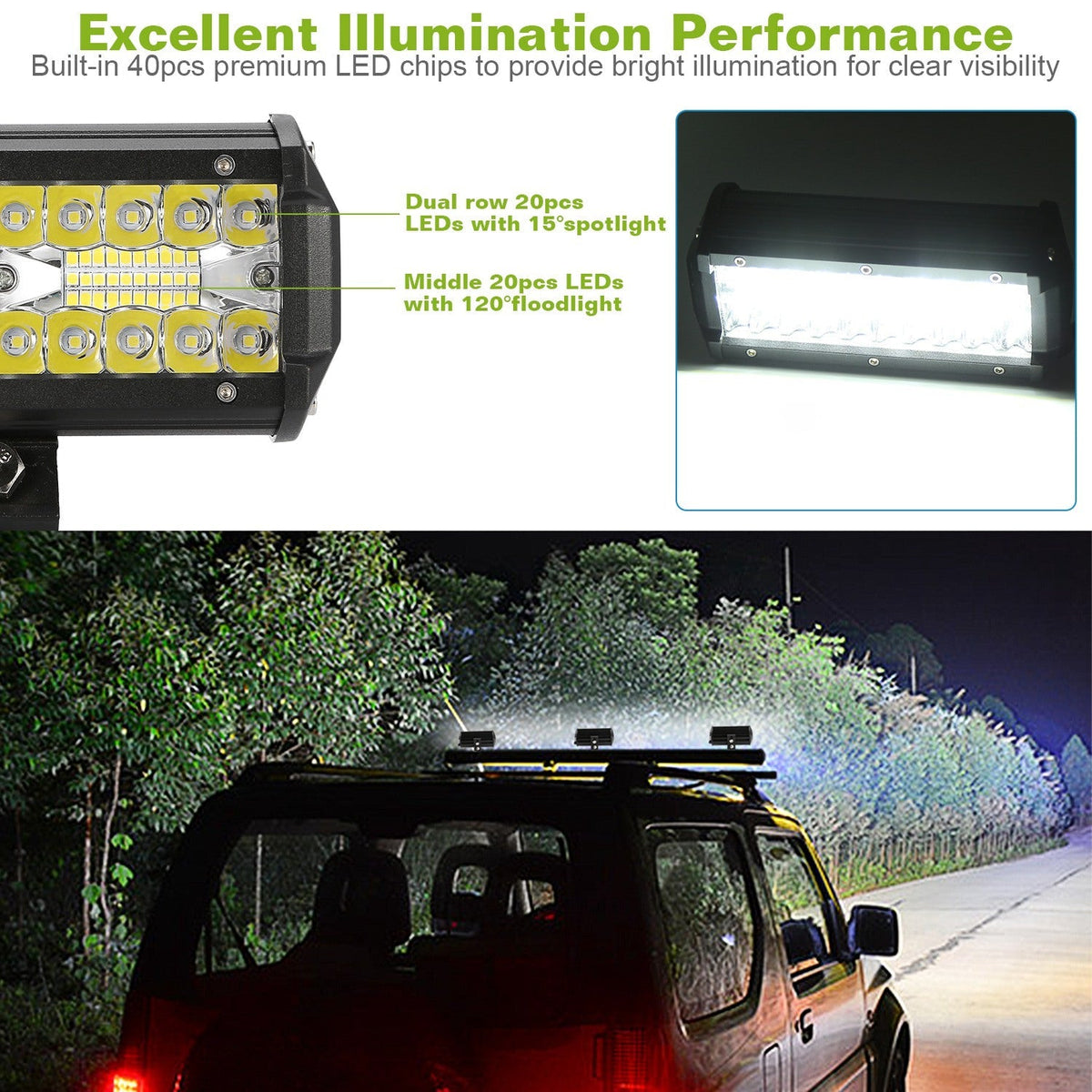 7" LED Light Bar 120W 12000LM LED Work Light Pods Offroad Driving Lights IP67 Waterproof Fog Light Spot Flood Beam for Jeep Trailer Truck Bus Boat