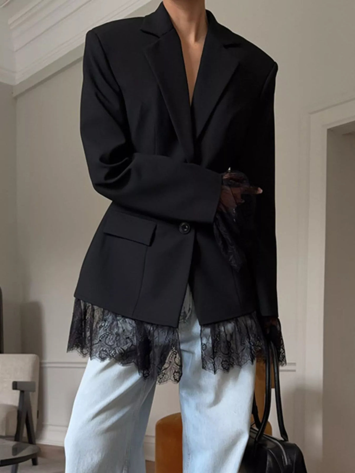 Lace Hem Lapel Collar Blazer