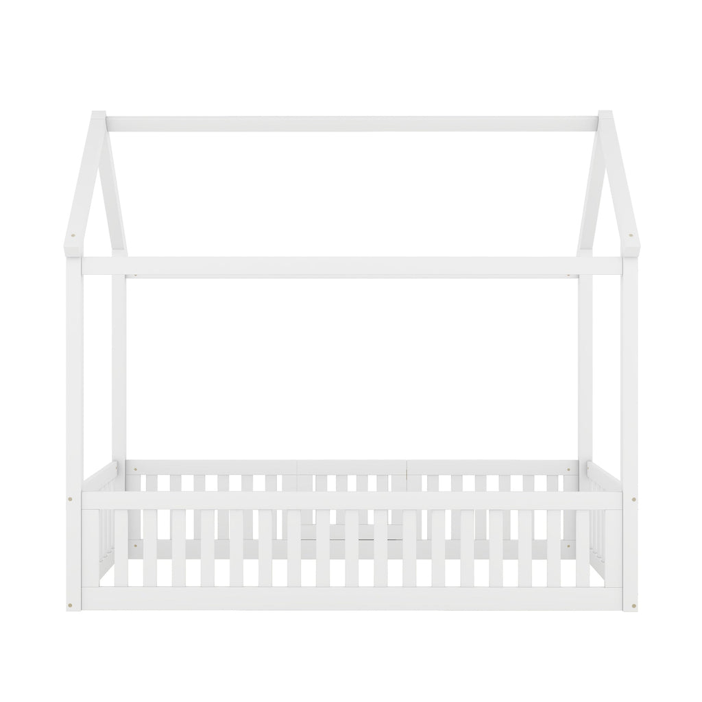 Twin Size Wood House Bed with Fence and Door, White