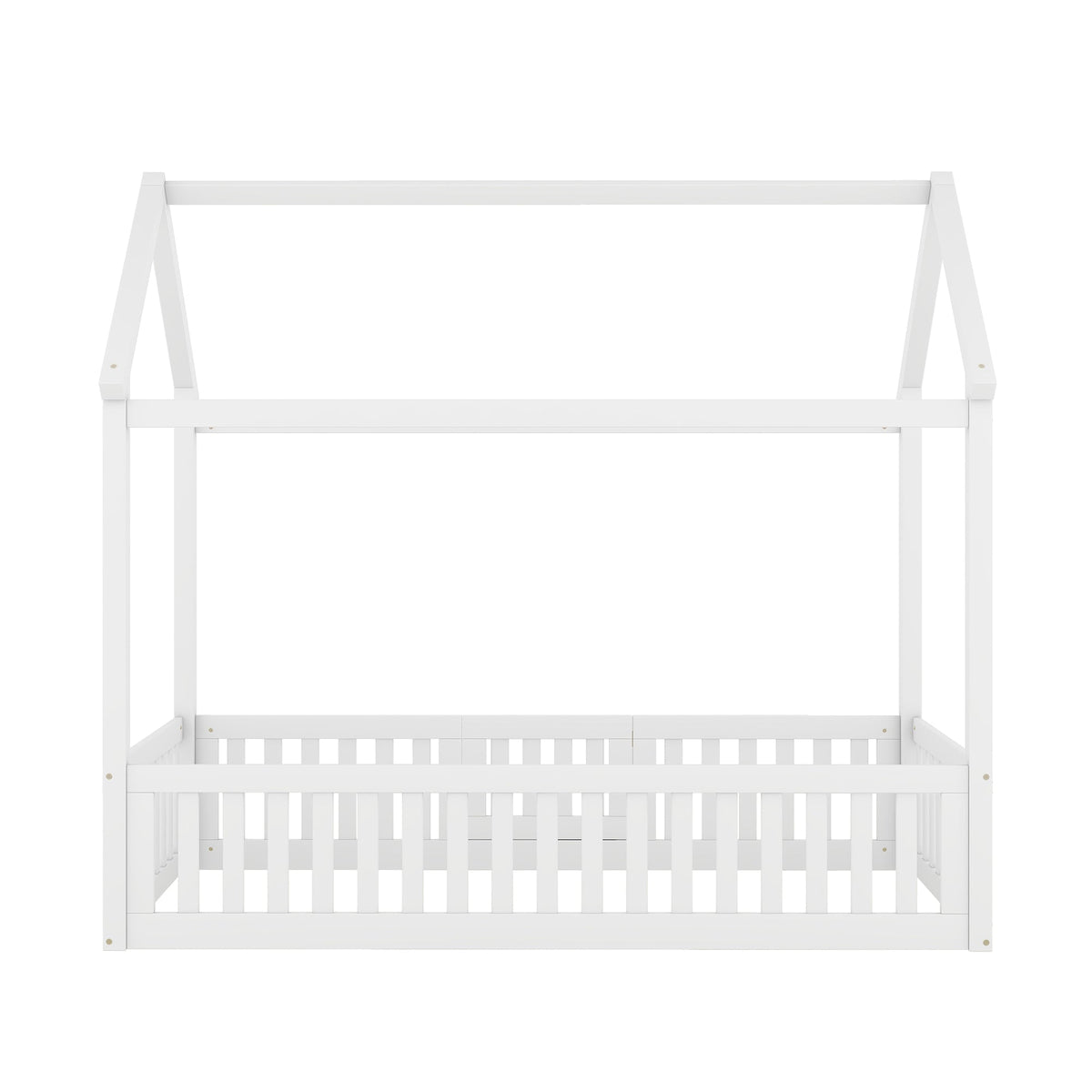 Twin Size Wood House Bed with Fence and Door, White