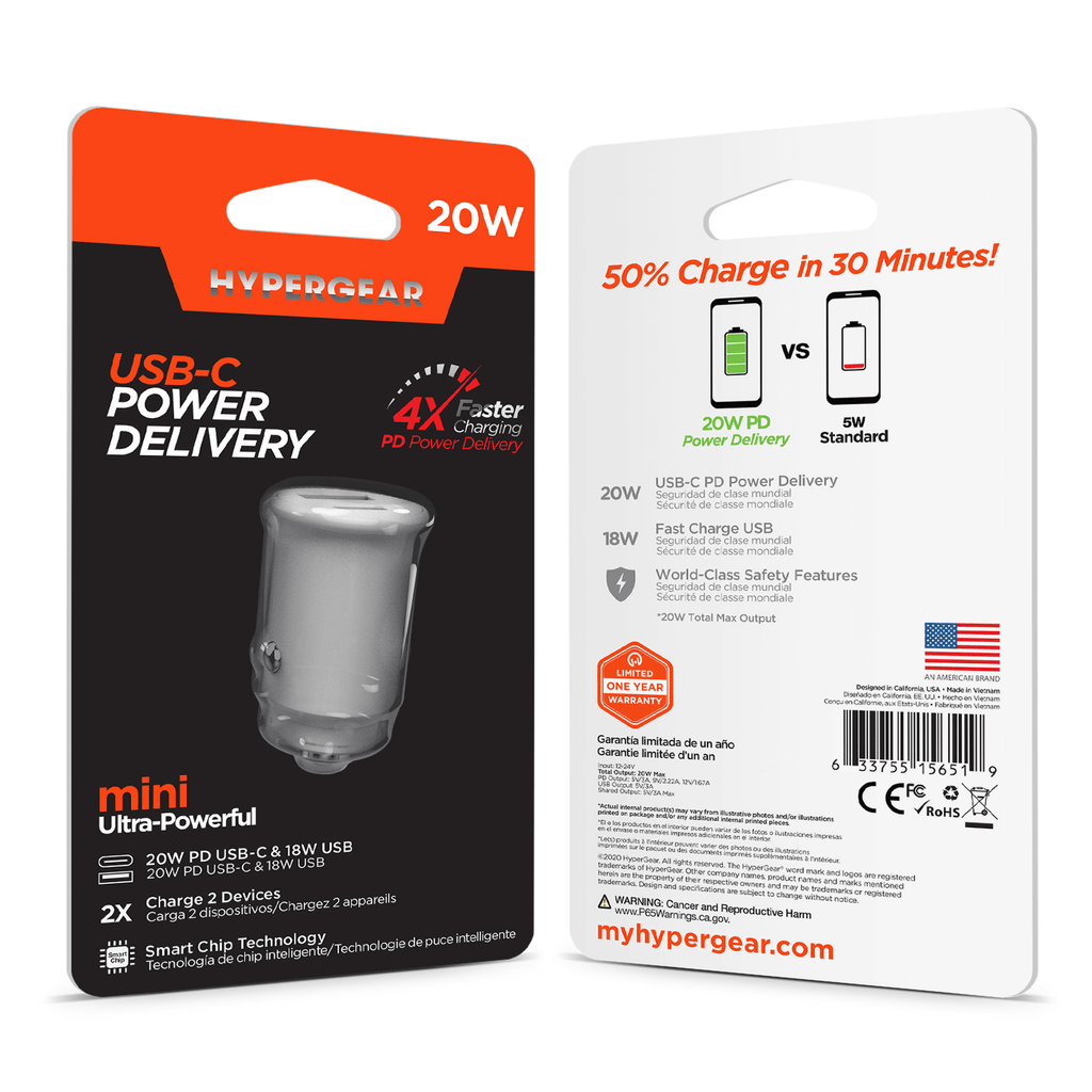 HyperGear Mini 20W USB-C PD + 18W USB Fast Car Charger