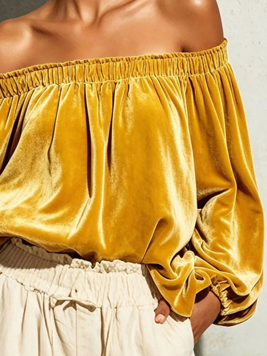 Off-Shoulder Velvet Long Sleeve T-Shirt