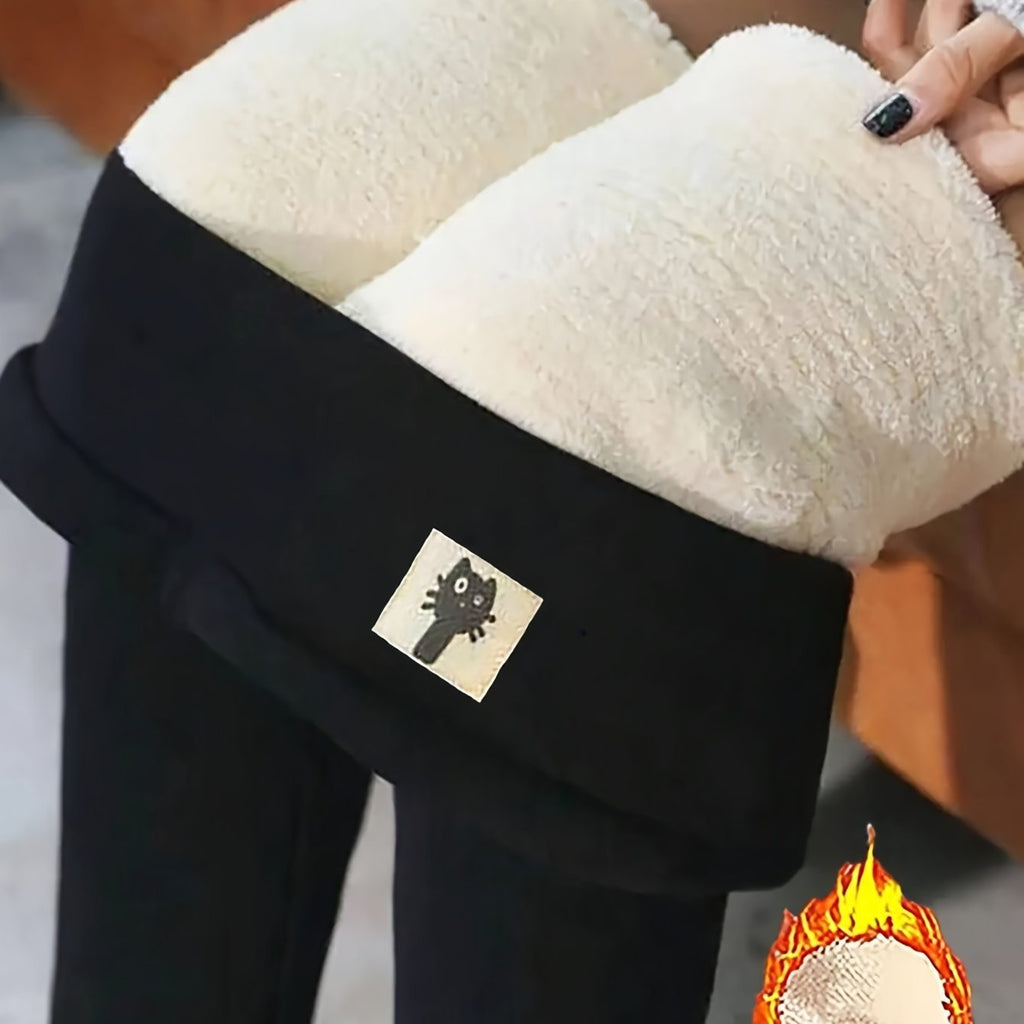 Womens High-Waisted Embroidered Cat Fleece-Lined Leggings