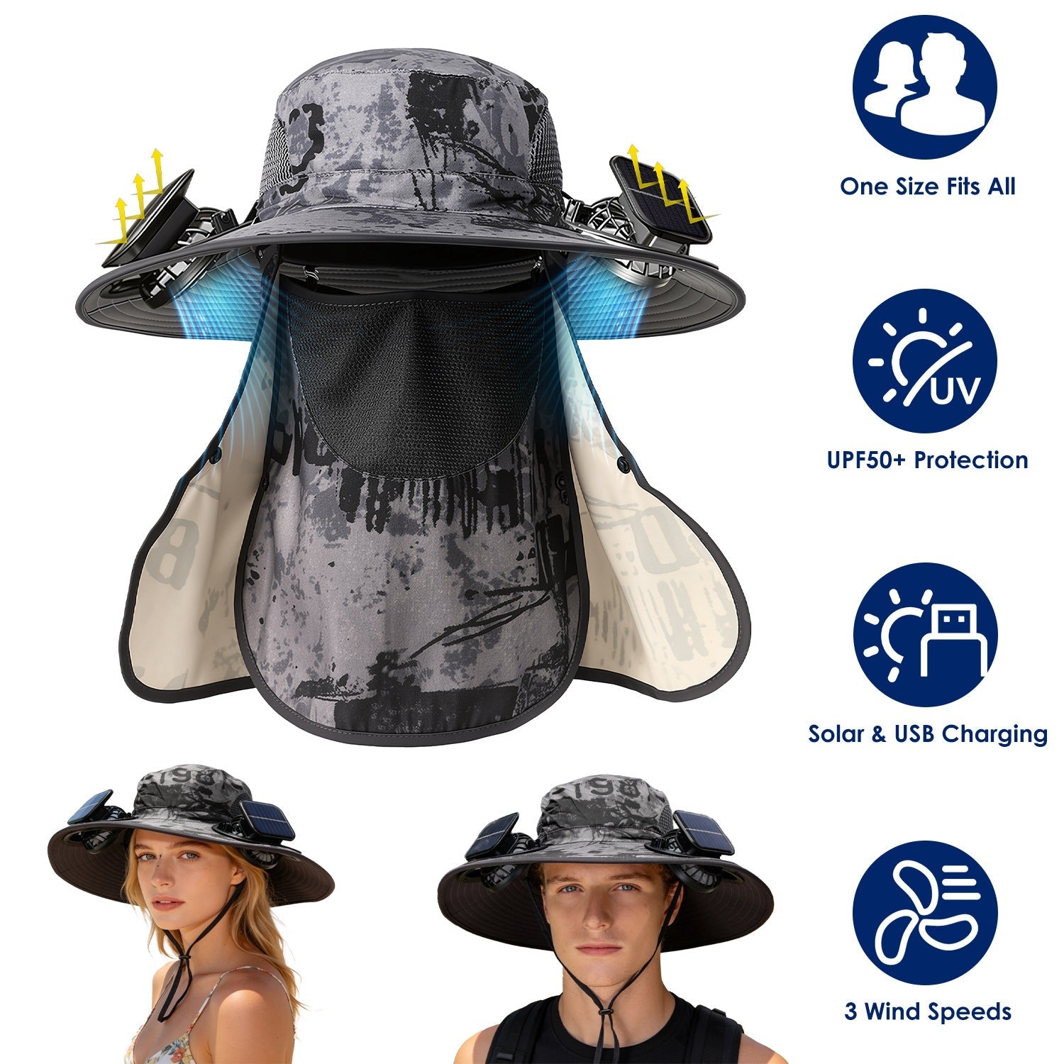 Solar Fan Hat with UPF50+ Sun Protection & Neck Flap