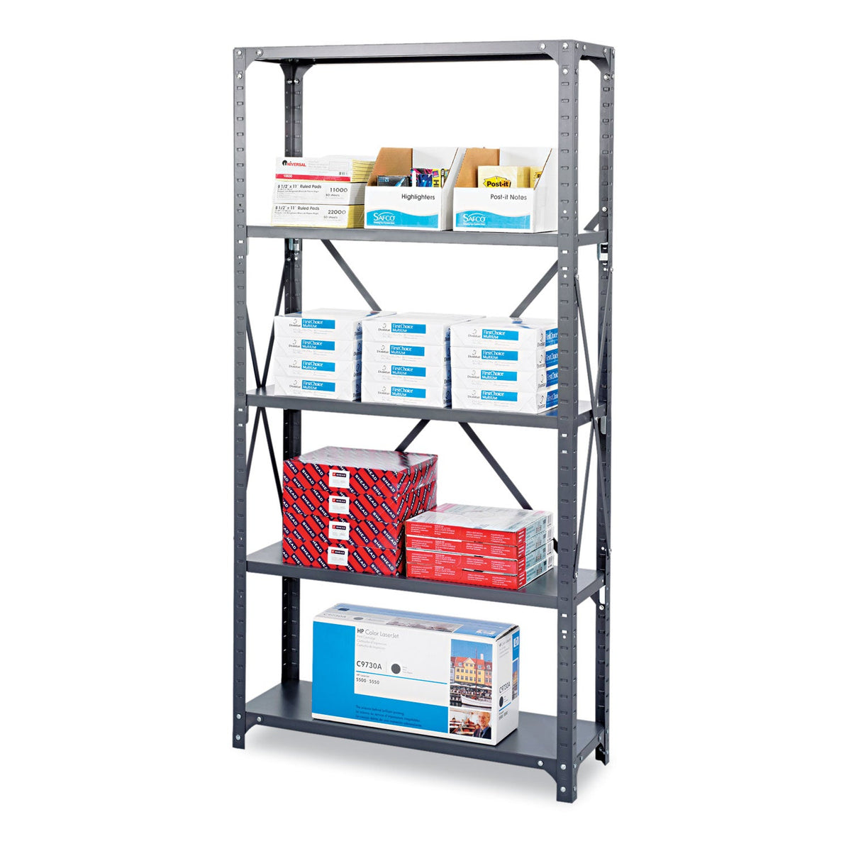 Safco Commercial Steel Shelving Unit, Five-Shelf, 36w x 18d x 75h, Dark Gray