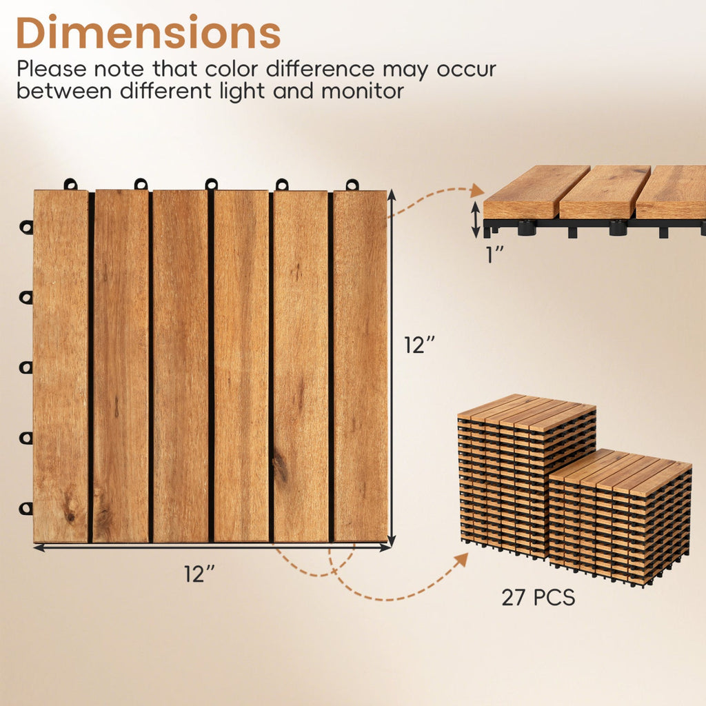 Acacia Wood Interlocking Deck Tiles 12x12 Inch - 27 Pack