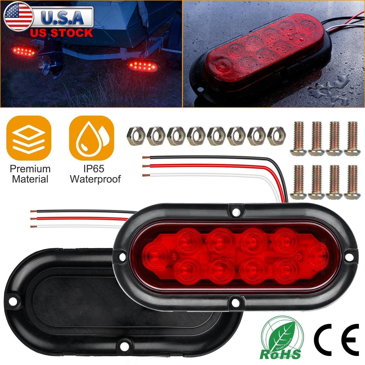 2Pcs Oval LED Brake Light 10LEDs Lamp Stop Turn Tail Light IP65 Waterproof Oval Red Trailer Tail Light for Trunk Jeep RV etc.