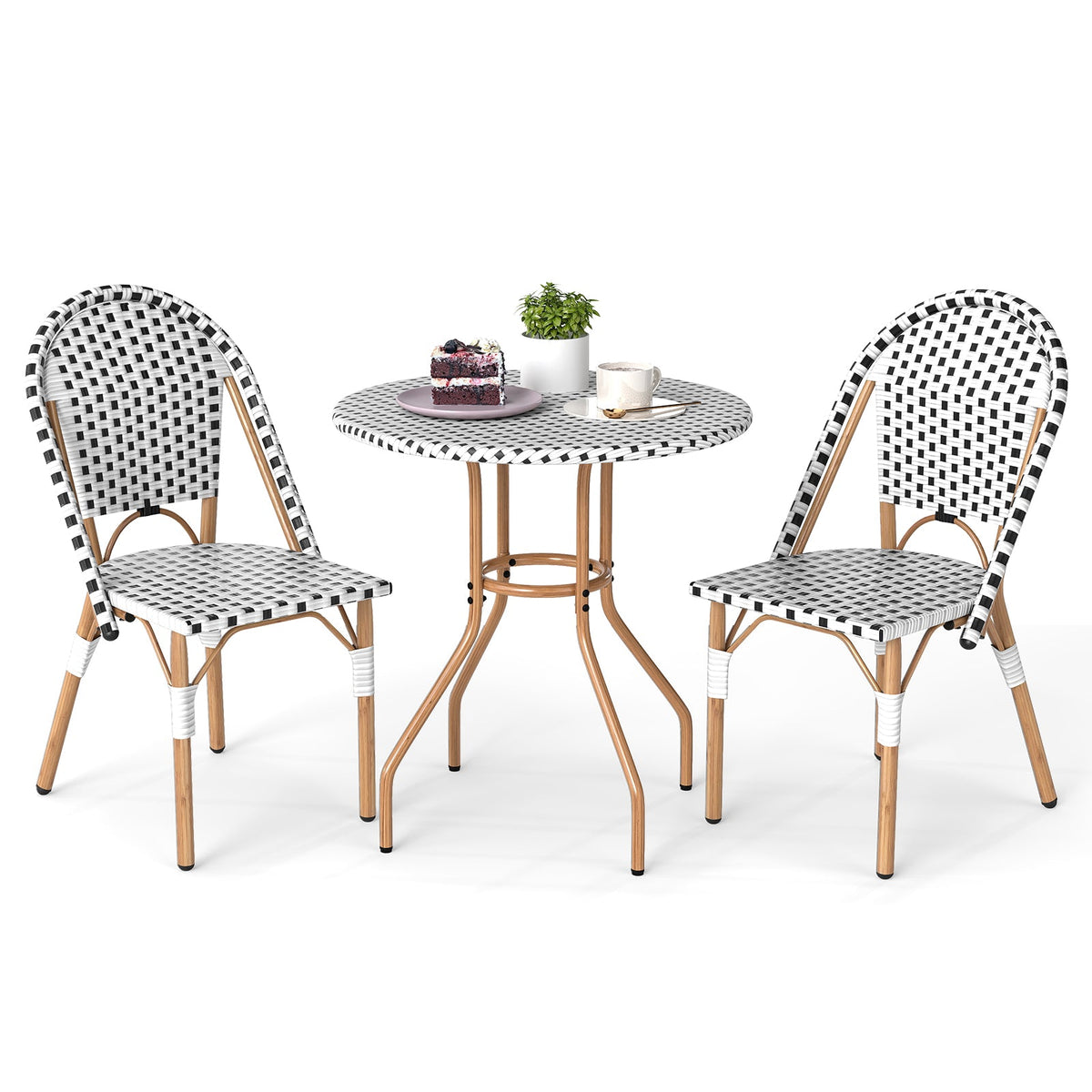 3 Piece French Bistro Table Chair Set with Outdoor Wicker Round Table and 2 Dining Chairs