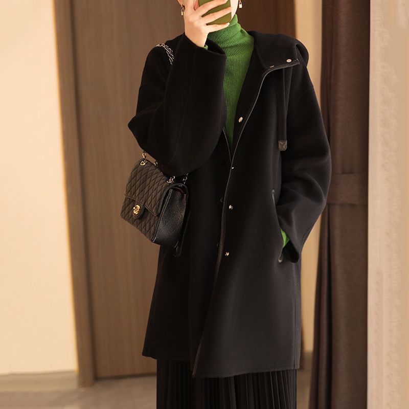 Versatile Hooded Patchwork Long-sleeve Wool Coat
