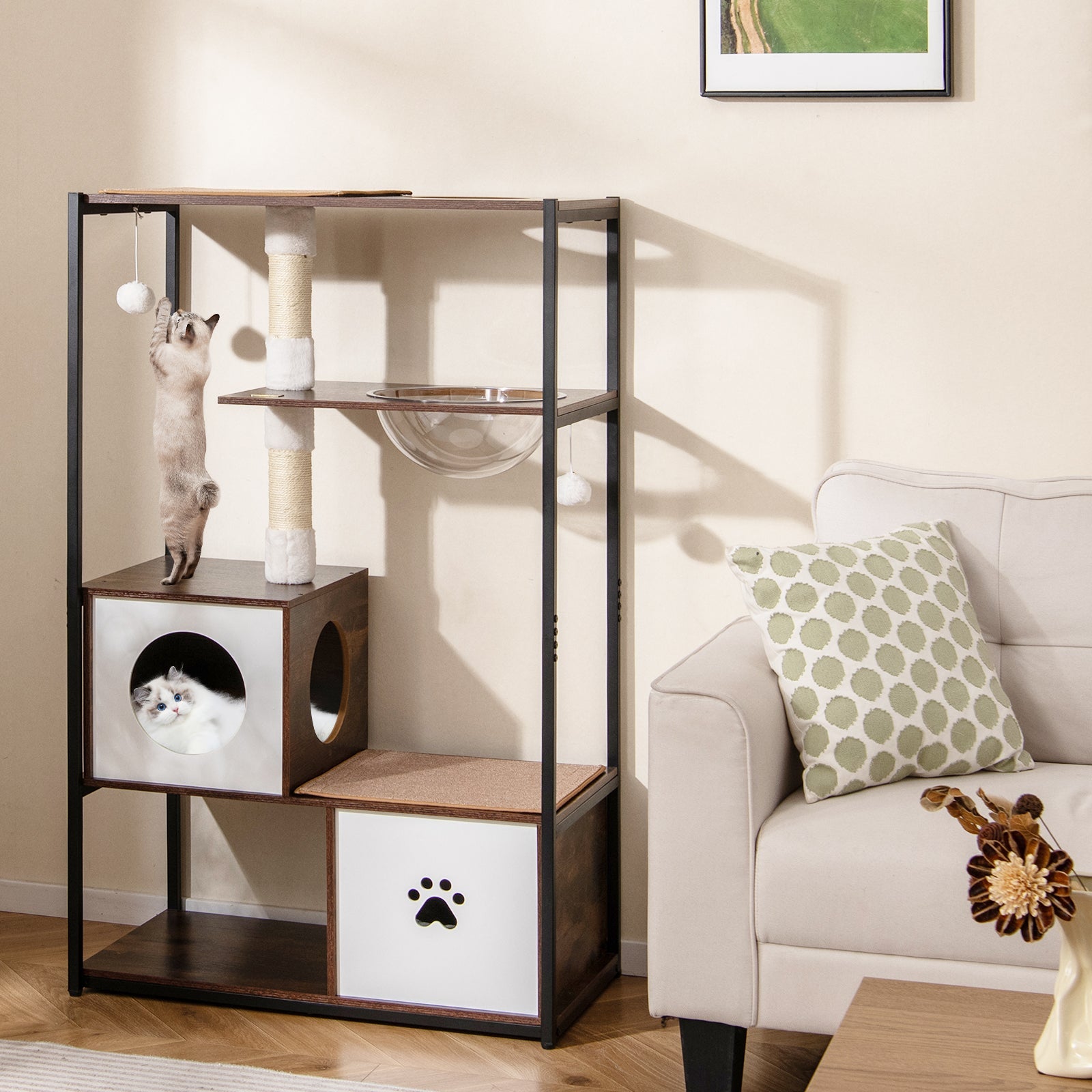 52 Inch Tall Wooden Cat Tree Metal Frame with 2 Condos and Cushions-Coffee